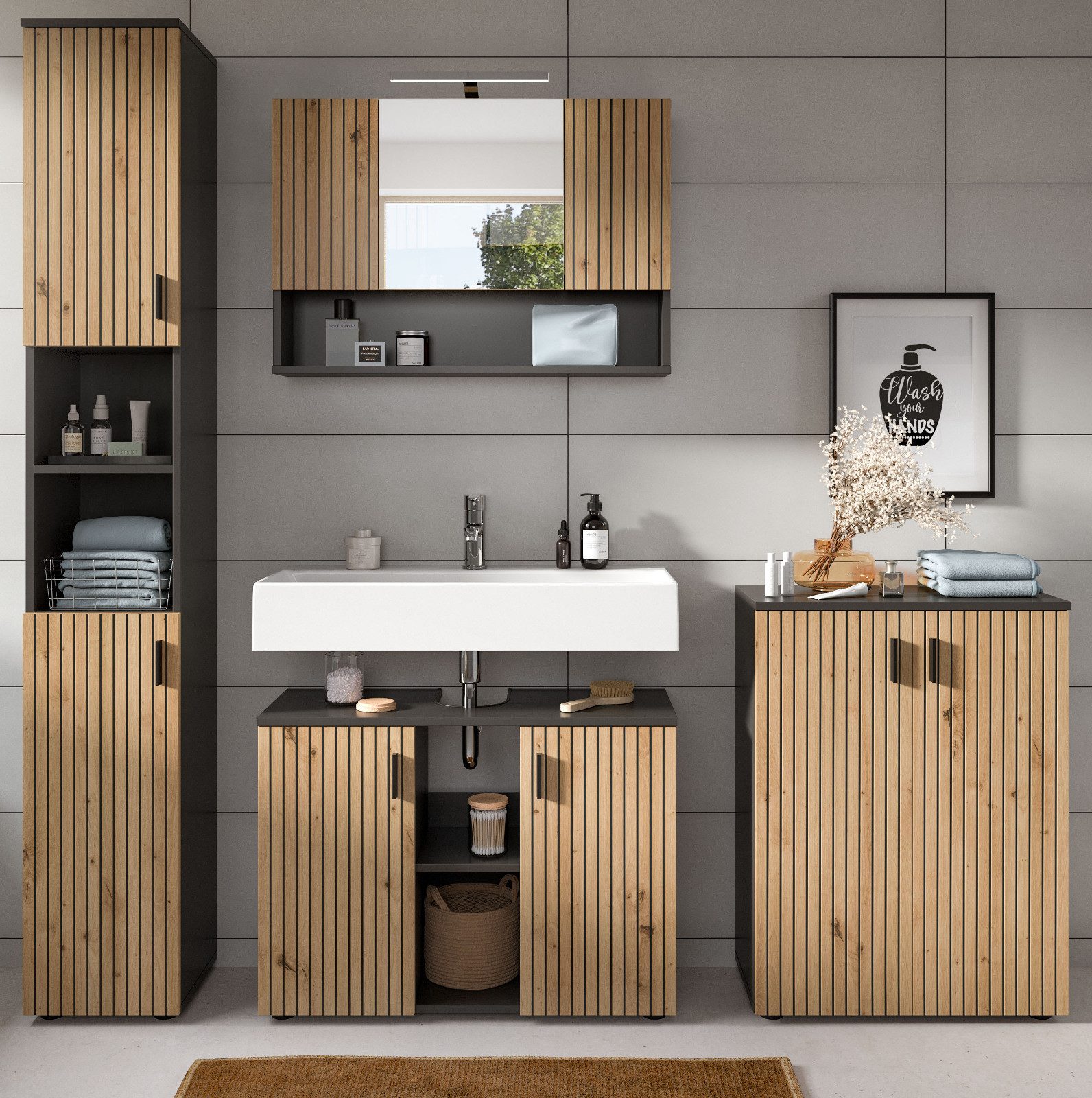 Inn.Furn Badmöbel-Set Livia, (Badezimmer in Eiche Artisan mit Rillen, Kompl günstig online kaufen