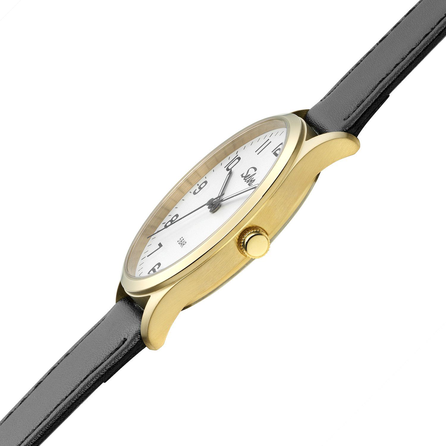 vergoldet Gehäuse 39mm Quarzuhr Technik Gold weiß, SELVA / Zifferblatt Quarz-Armbanduhr Weiß Ø Selva mit Lederband