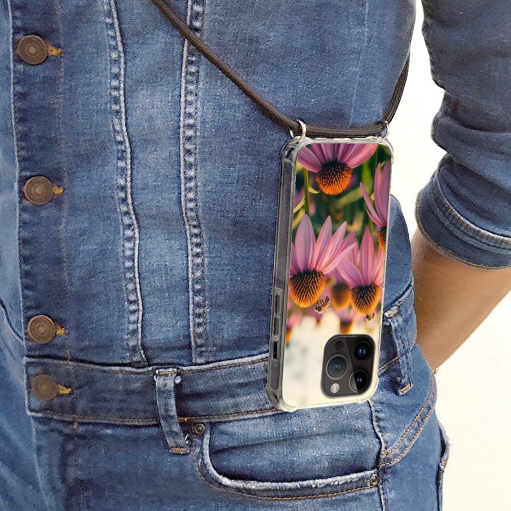 MuchoWow Handyhülle für Apple iPhone 14 Pro Blumen - Lila - Bienen, Tragbare Handyhüllen mit Kette zum umhängen, Handykette Handyband