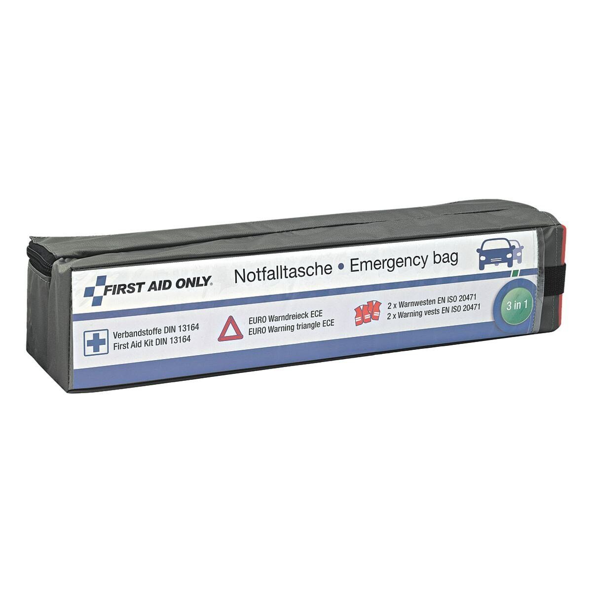 FIRST AID ONLY® KFZ-Verbandtasche 3 in 1, gefüllt, DIN 13 164, inkl. Warndreieck & Warnwesten