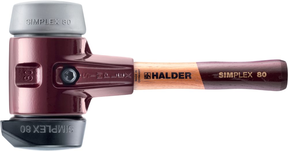 Halder KG Hammer Halder SIMPLEX-Schonhammer mit Tempergussgehäuse und Holzstiel, Ø 80 / Stiel 230 mm Gummikomposition mit Standfuss / TPE-mid