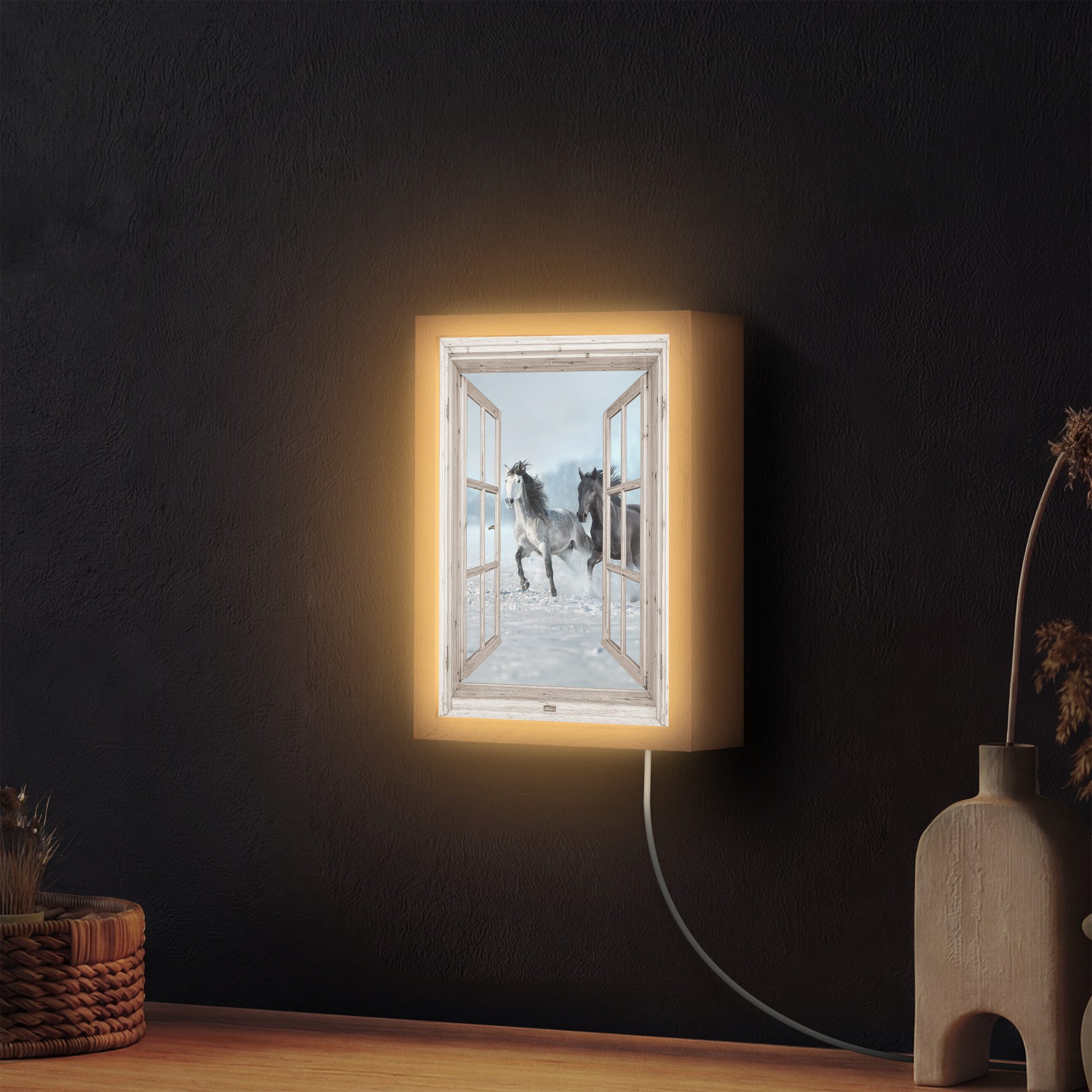 OnlyWow Wandleuchte Lightbox Fensterblick - Fenster - Pferde - Winter - Tiere - Natur - We, Dimmbar, Farbwechsel, LED, Warmweiß, Kaltweiß, Neutralweiß Einstellbar, Wandlampe Innen, Dimmbar, mit Kabel, LED, Beleuchtung, Wohnzimmer