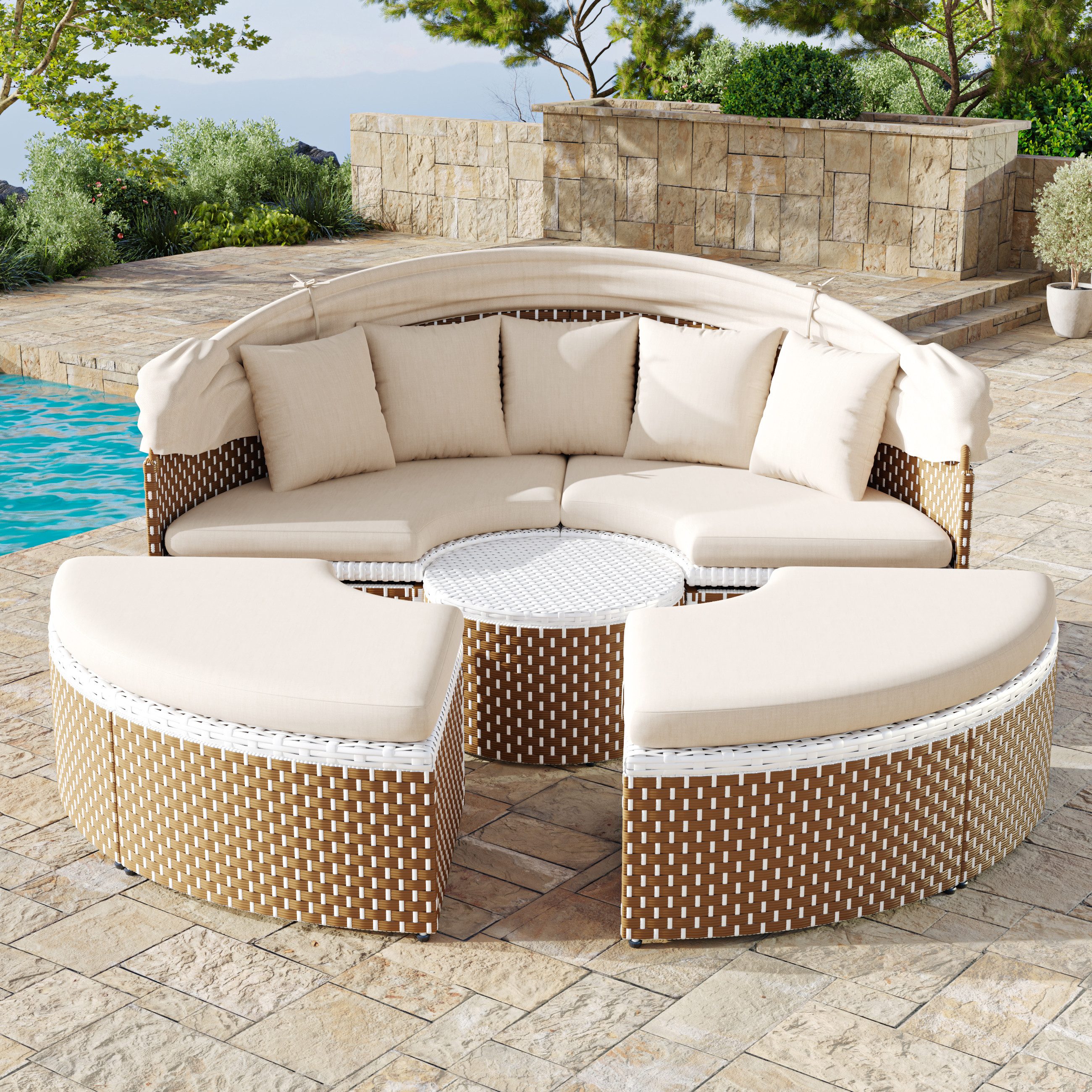 Merax Gartenlounge-Set aus Polyrattan für 5 Personen mit Kissen, Sitzgruppe, (1 2-Sitzer mit Baldachin, 2 Hocker, 1 höhenverstellbarer Tisch), Sonneninsel umbaubar, Gartenliege mit Sonnendach, Gartenmöbel Set