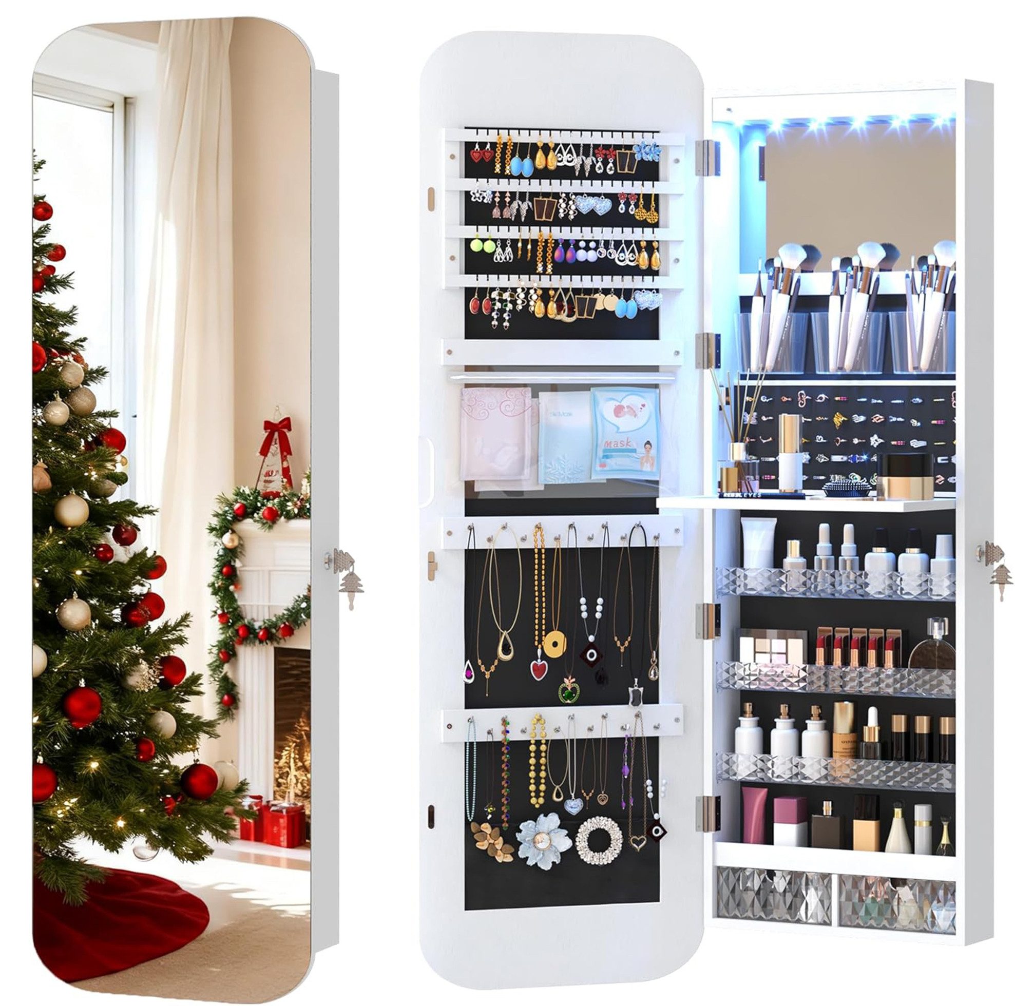 LVSOMT Schmuckschrank LED Ovaler Hängeschrank, Abschließbarer Türspiegel/Wa günstig online kaufen