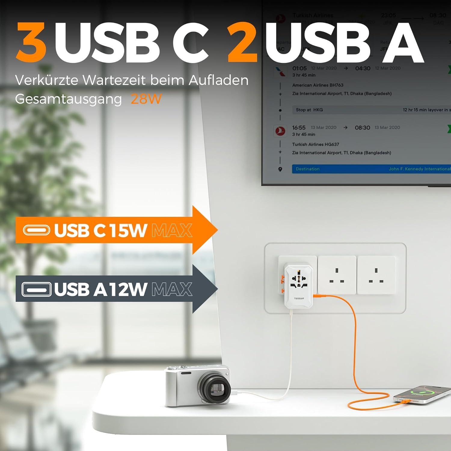 TESSAN Universal Reiseadapter Weltweit mit 3 USB C und 2 USB A für USA Reiseadapter