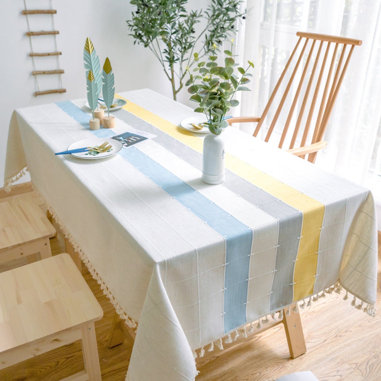 HOMEIDEAS Tischdecke (1-tlg), Gestreift Sackleinen-Tischdecken mit Quasten Blau + Grau + Gelb