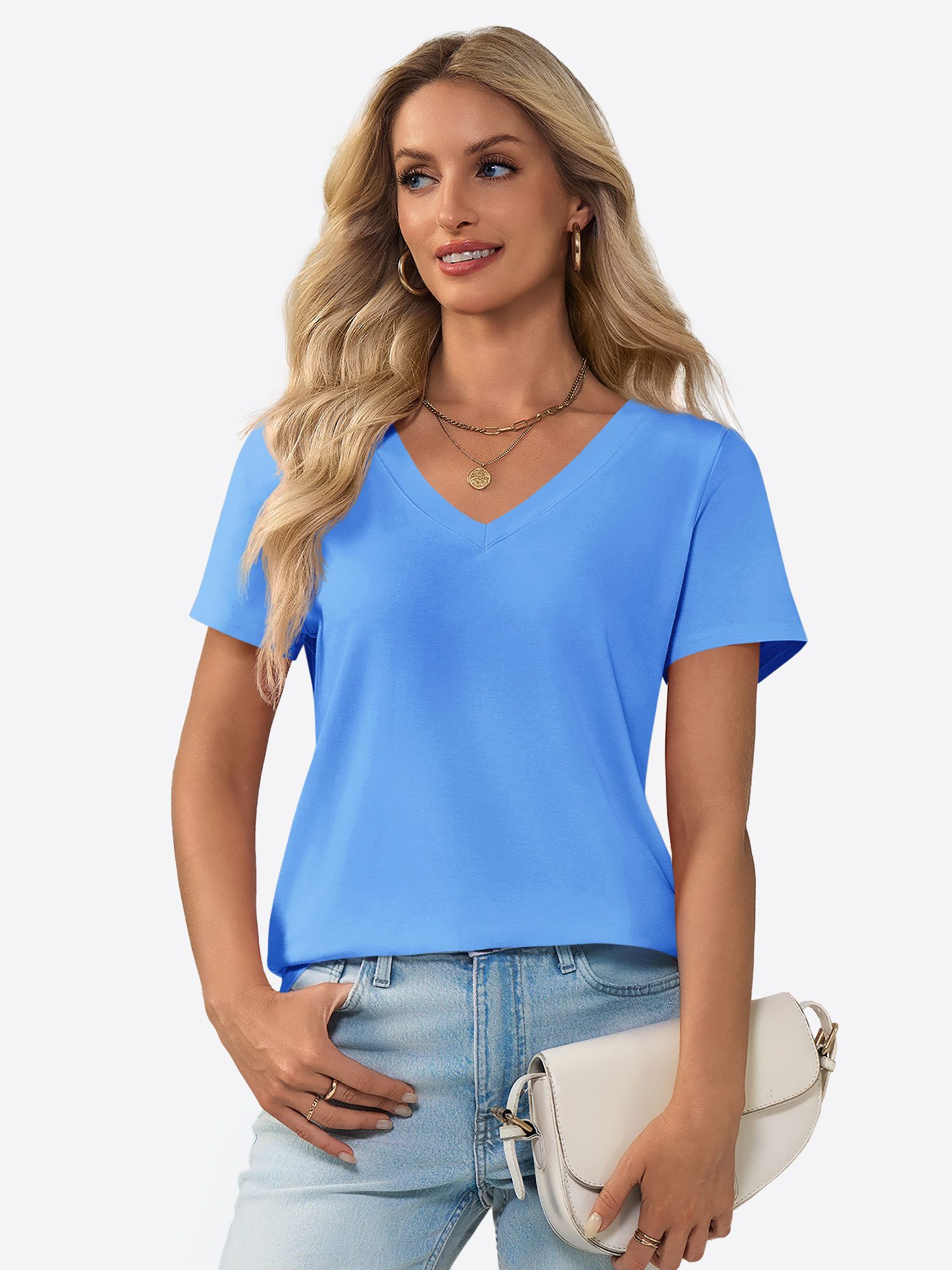 Imily Bela T-Shirt Damen V-Ausschnitt T-Shirt mit Kurzarm Casual Basic Oberteil (Packung, 1-tlg., 1per-Pack) in Unifarbe