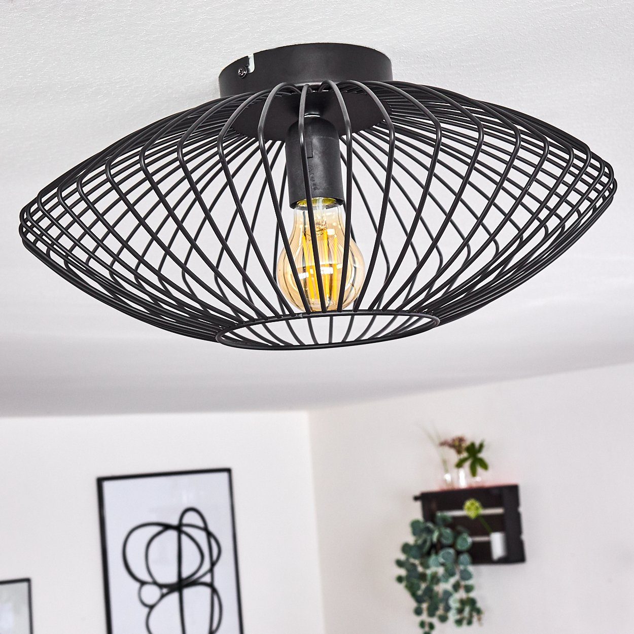 hofstein Deckenleuchte »Pieris« runde Deckenlampe aus Metall in Schwarz, ohne Leuchtmittel, E27, Retro-Leuchte mit Lichteffekt durch Gitter-Optik