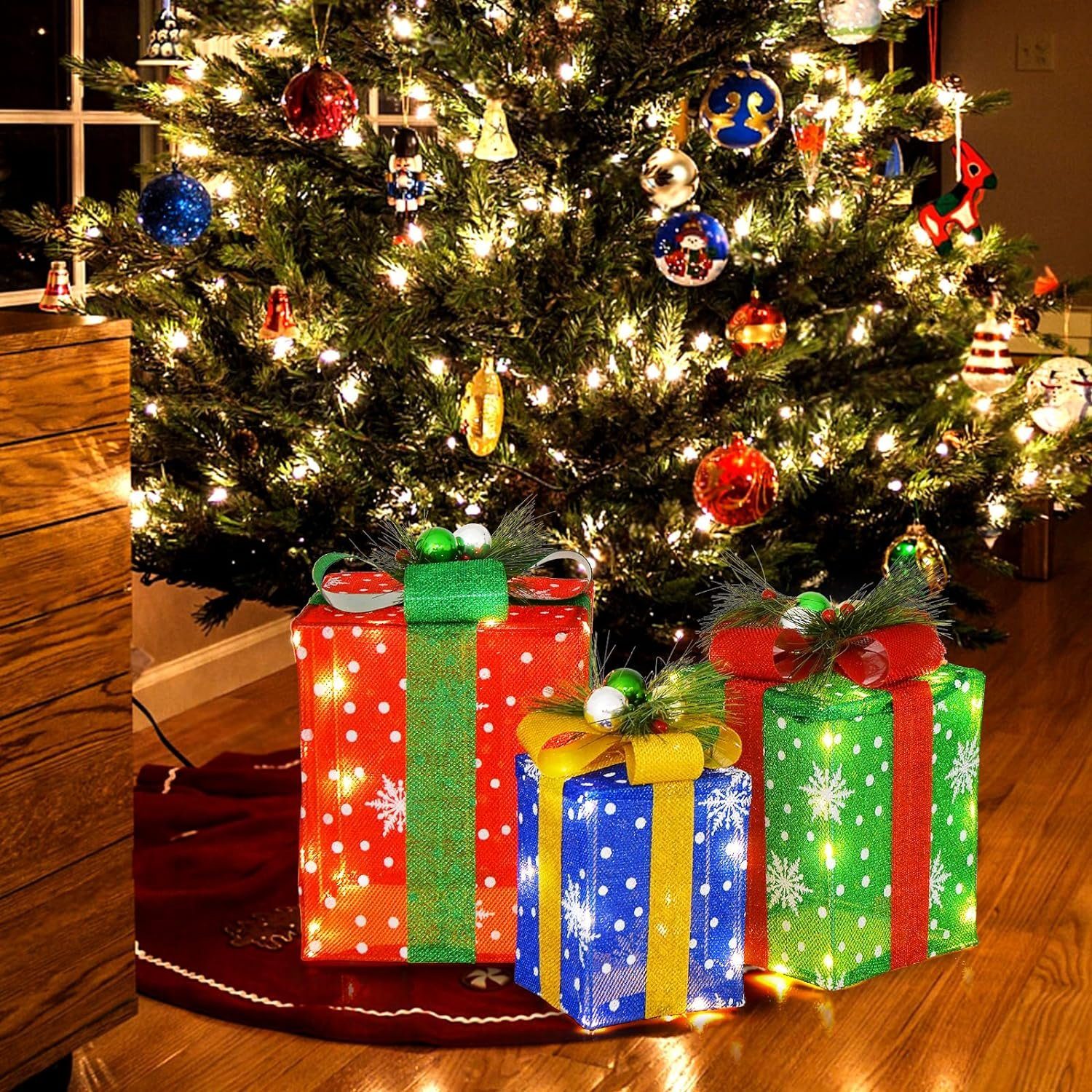 KOMFOTTEU Weihnachtsbaumdecke Geschenkbox, mit 52 warmweiße Lichtern