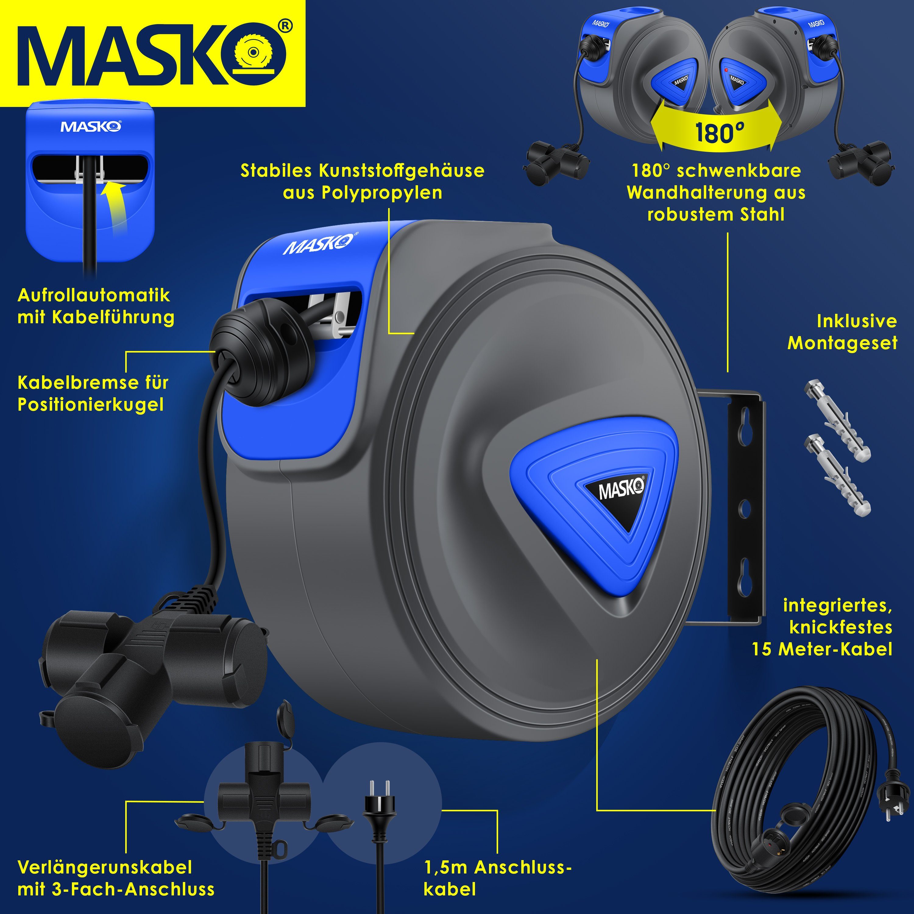 MASKO Verlängerungskabel, (15 cm), Automatik Kabeltrommel Verlängerungskabel mit 3-Fach Anschluss