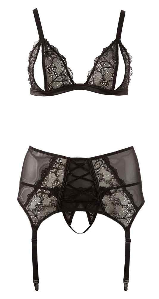 Cottelli Collection Set: Ouvert-BH BH Strapsset 2XL (3-tlg., Soft-BH, Strapsgurt, String) sexy geschlitzte Cups