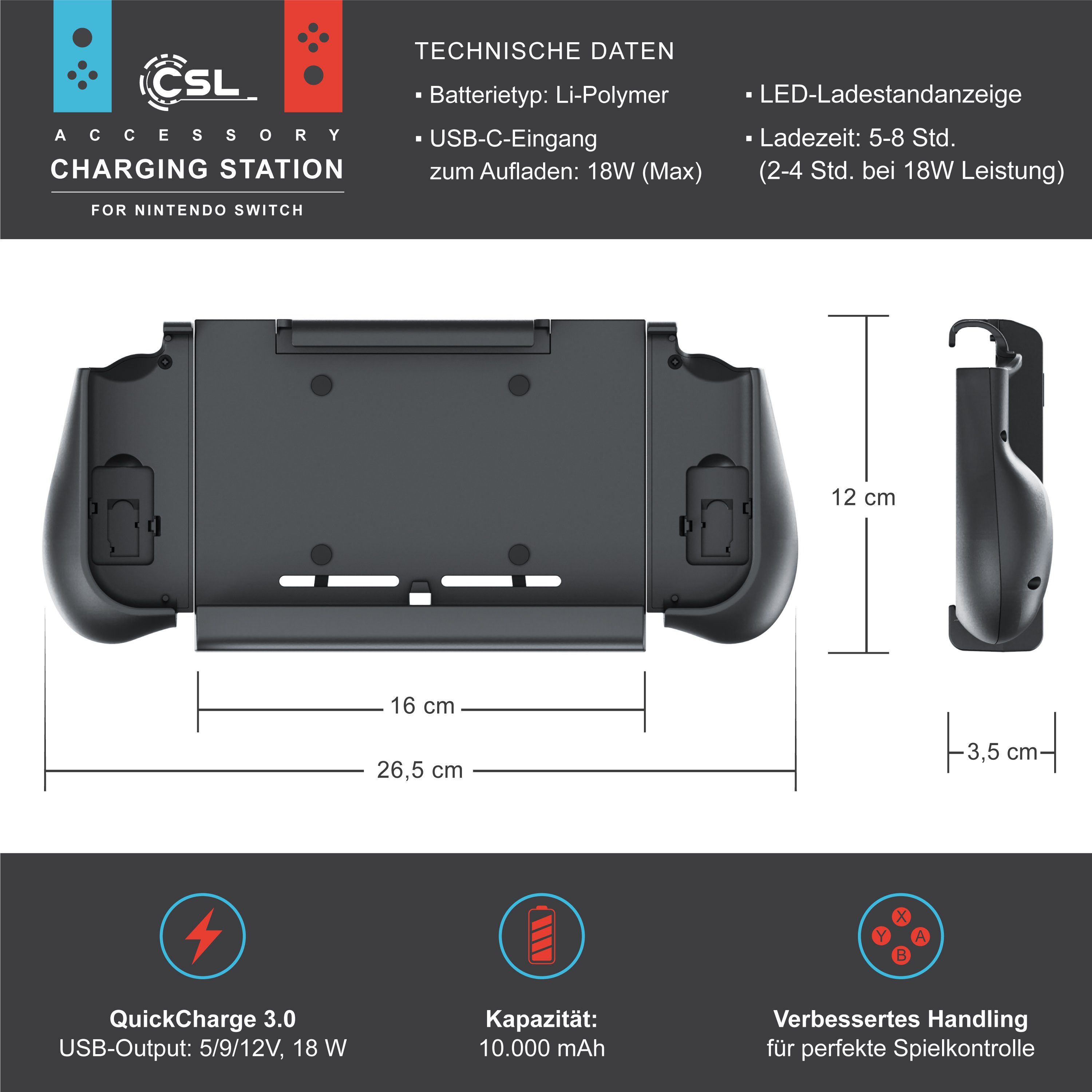 CSL Switch-Controller (10000mAh Switch Powerbank Akku mit Joy-Con-Griffen, Ladegerät) Hülle