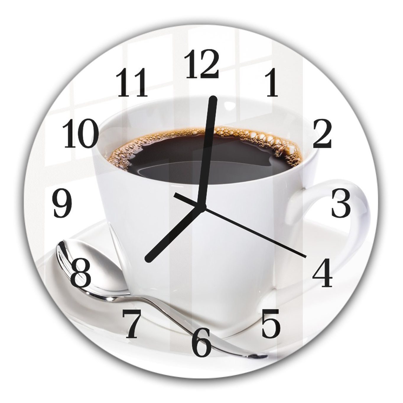 Primedeco Wanduhr Wanduhr aus Glas mit Motiv Kaffee in Tasse - Rund mit Durchmesser 30 cm und Quarzuhrwerk