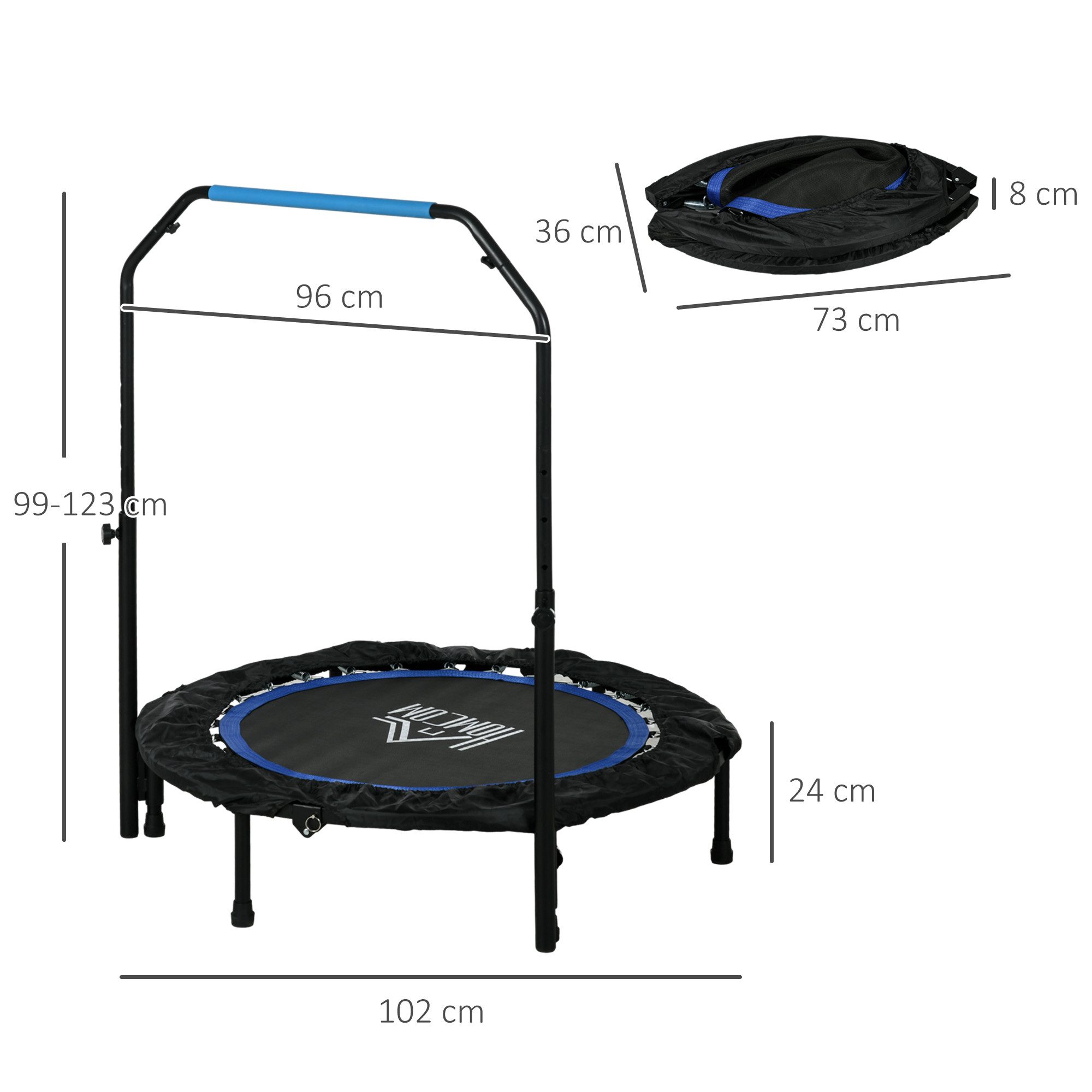 HOMCOM Fitnesstrampolin mit 4-Fach Höhenverstellbarer Haltegriff, Ø 102 cm, (Fitness-Rebounder, 1 tlg., Mini-Trampolin), für Erwachsene, Schwarz+Blau