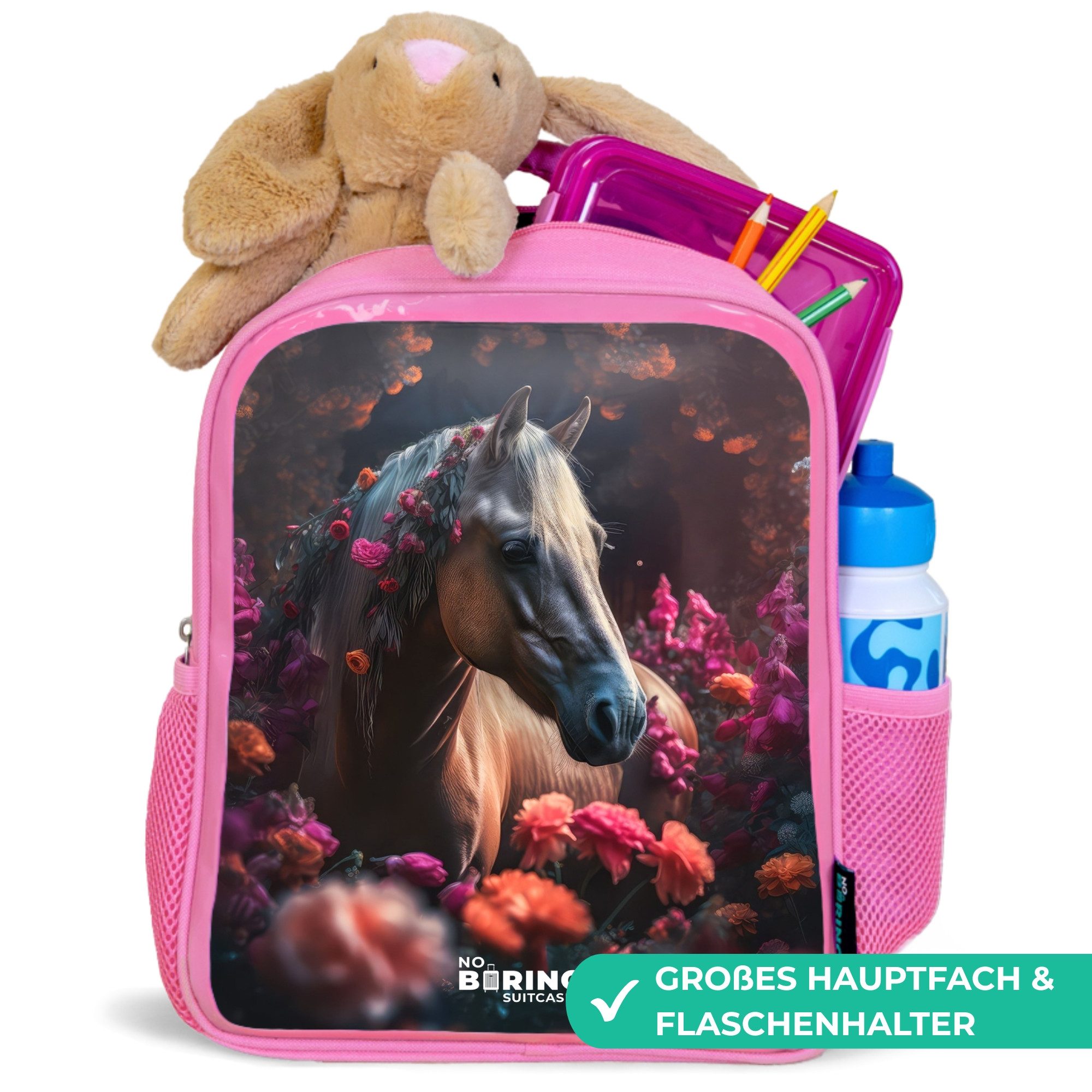 NoBoringSuitcases.com© Rucksack Rosa - Lila - Pferd - Blumen, Kinderrucksack, Schulrucksack, Freizeitrucksack, Mädchen, Kindergarten