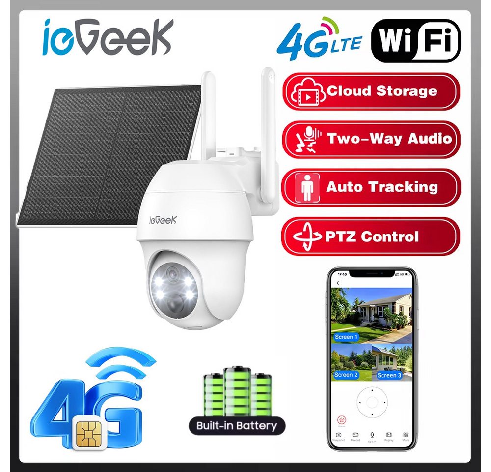 Thumbnail - ieGeek Überwachungskamera 4G LTE Überwachungskamera Aussen Solar mit SIM Karte 2K 3MP (Aussen, Außenbereich,Home,Schule,...
