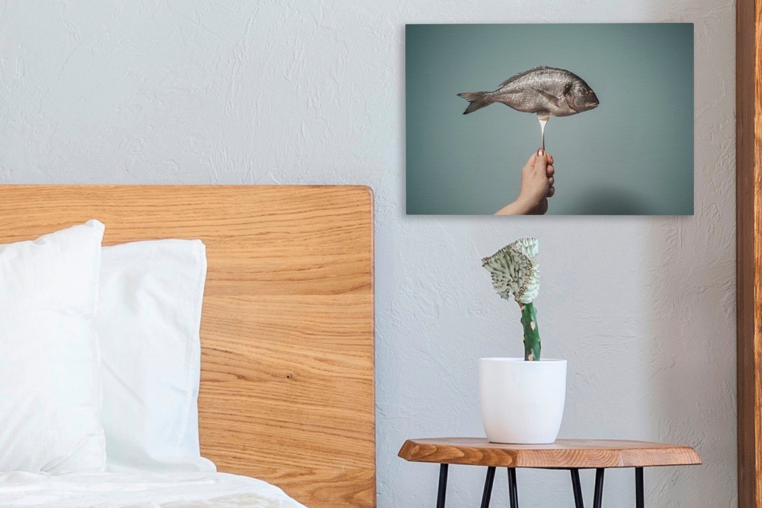 OneMillionCanvasses® Leinwandbild Fisch auf Wandbild einer Leinwandbilder, cm Wanddeko, Silbergabel, 30x20 Aufhängefertig, (1 St)
