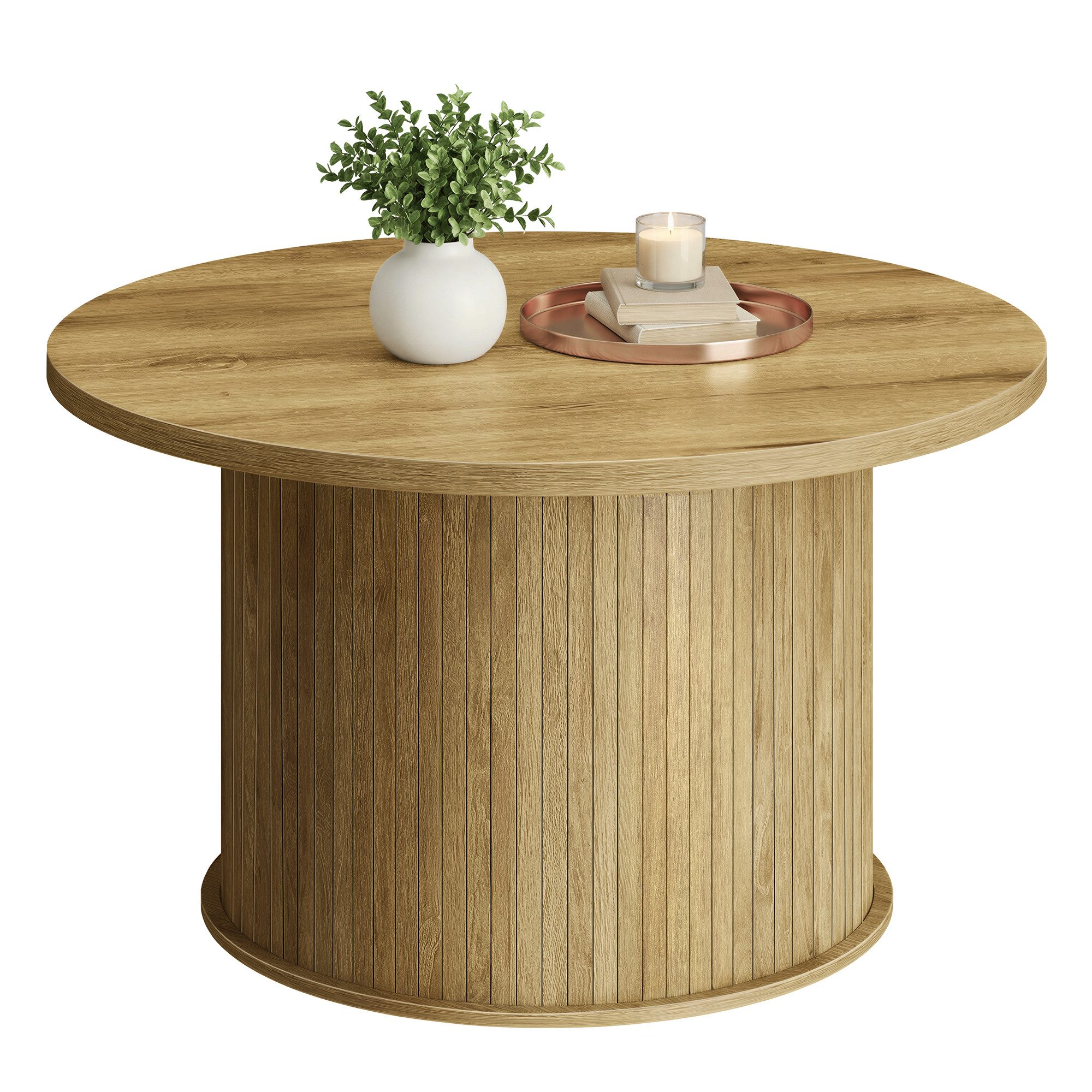 VASAGLE Couchtisch Wohnzimmertisch rund, Holzoptik, modern, mit Lamellenoptik, einfache Montage, 80 x 45 cm