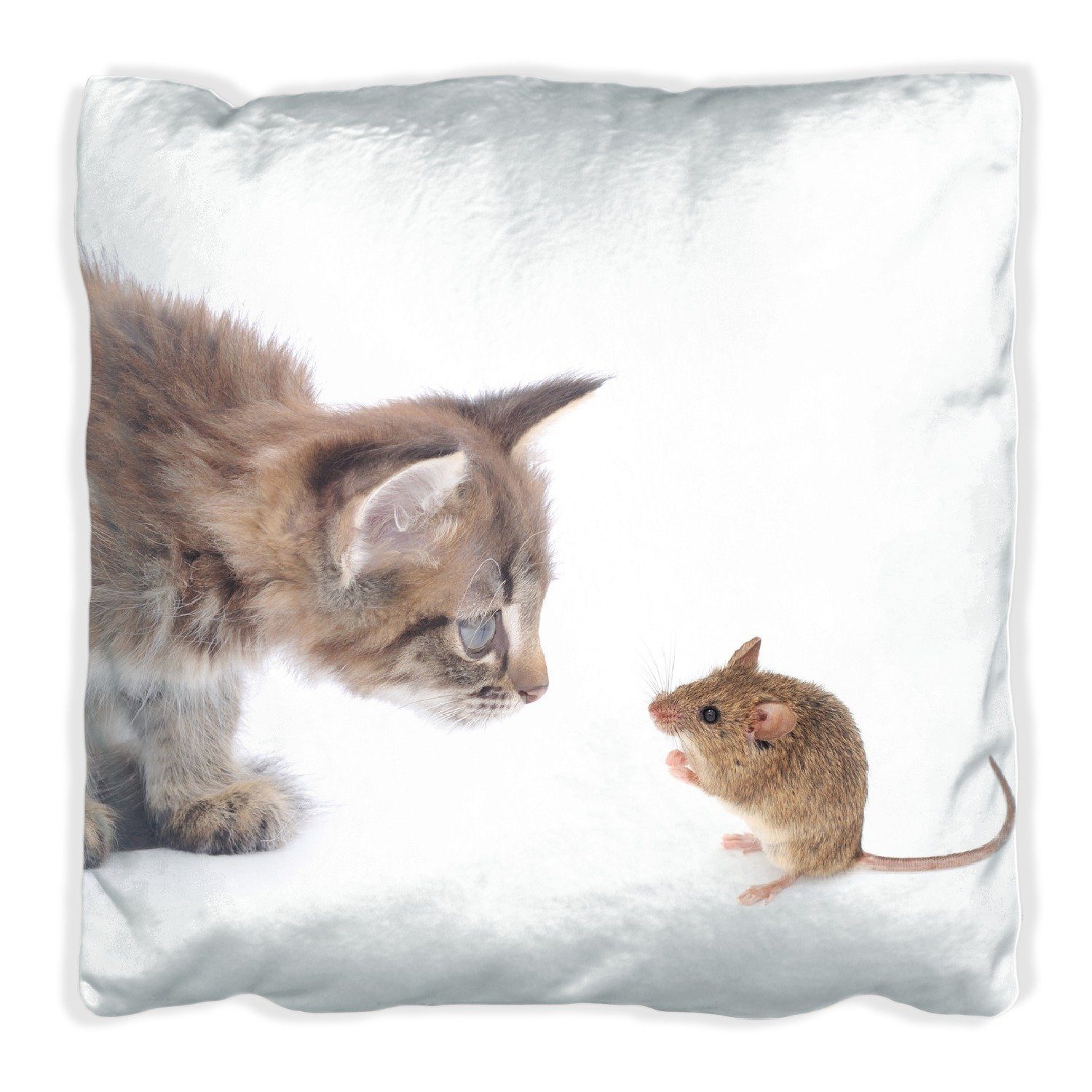 Wallario Dekokissen Katze und Maus beim Spielen - weißer Hintergrund, handgenäht