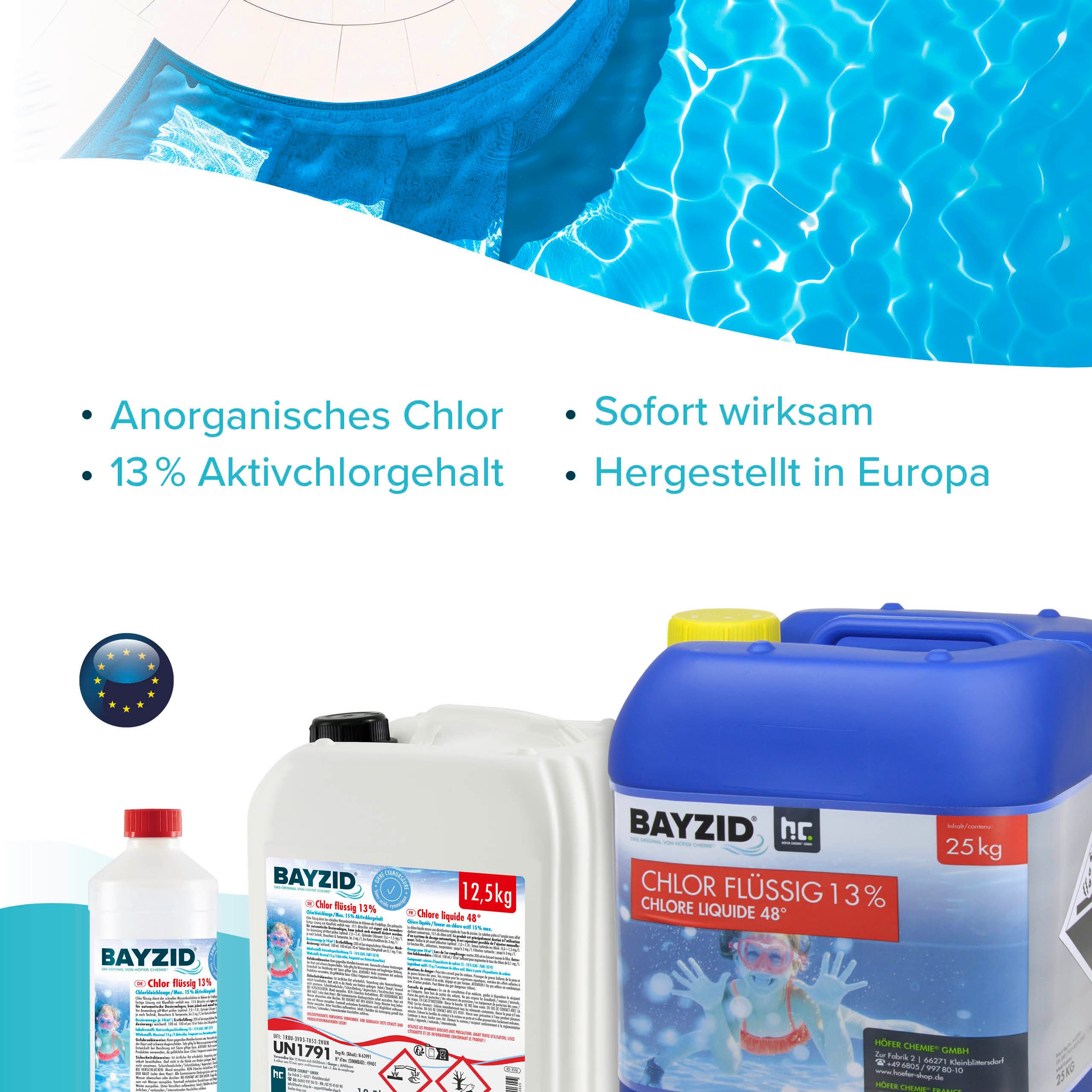 Höfer Chemie GmbH Poolpflege 25 kg BAYZID® Chlor 13% flüssig, Zuverlässige Desinfektion für sauberes und hygienisches Poolwasser