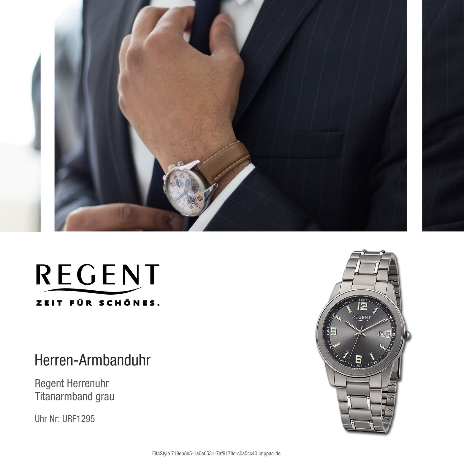 Regent Titanarmband groß Armbanduhr Quarzuhr rundes (ca. 38mm) Analog, Herrenuhr Gehäuse, grau, Regent Herren silber,