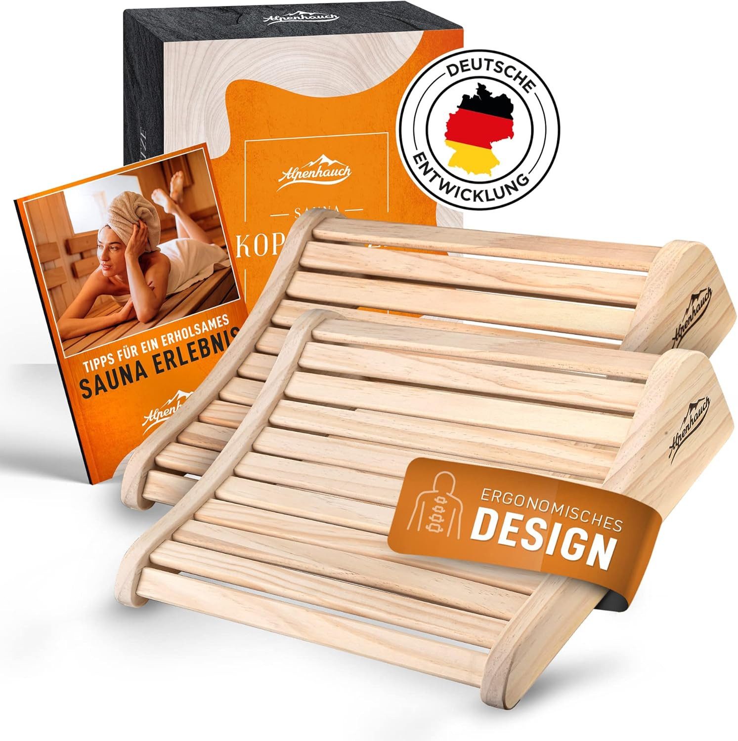 Alpenhauch Saunakopfstütze [2Stück] - Ergonomische Kopfstütze für Sauna & Infrarotkabine, 100% Naturholz, ergonomisches Design, rutschfest, hitzebeständig