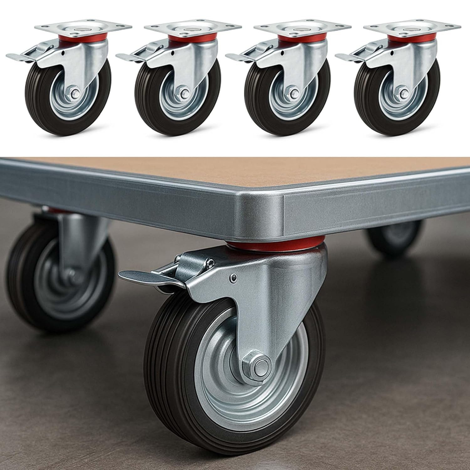 BlingBin Schwerlastrolle 4er Set drehbare Vollgummi-Rollen mit Bremse 100-200 mm, (4er Set, 4-St., Spezifikation: 4 Zoll Raddurchmesser: 100 mm, Tragkraft bis 1000kg), mit Kugellager für Werkzeugwagen, Paletten und Möbel