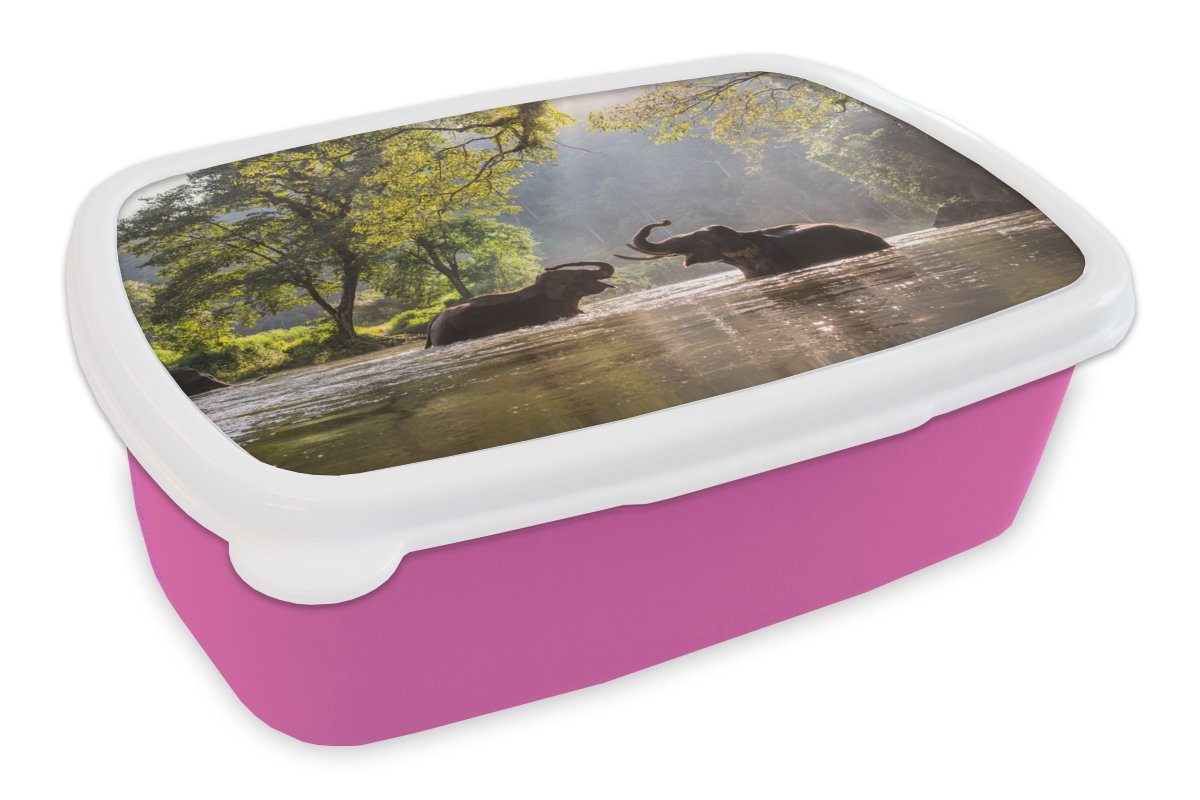 MuchoWow Lunchbox Elefant - Wasser - Tiere - Bäume - Sonne, Kunststoff, (2-tlg), Brotbox für Erwachsene, Brotdose Kinder, Snackbox, Mädchen, Kunststoff rosa