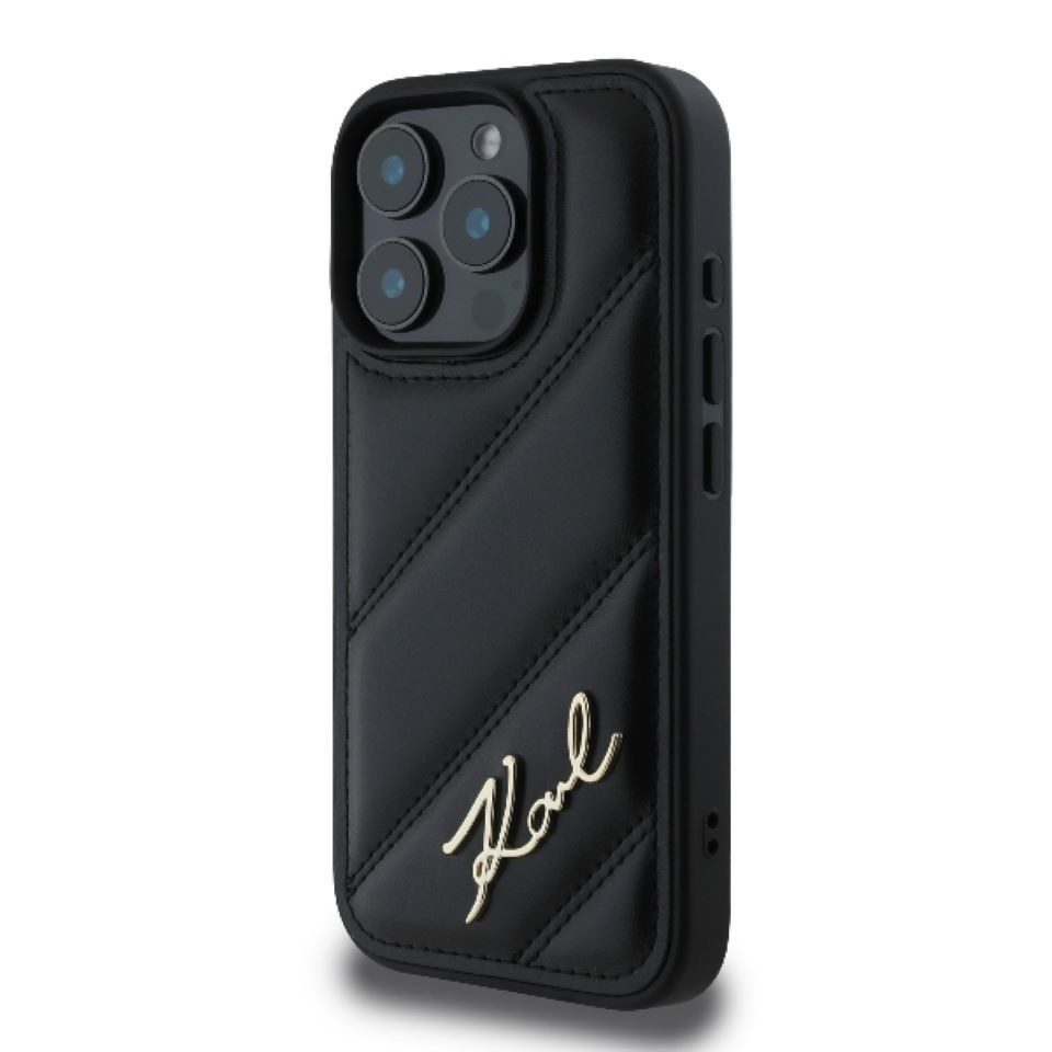KARL LAGERFELD Handyhülle iPhone 16 Pro Max Kunstleder schwarz Logo Metall 6,9 Zoll, Kantenschutz