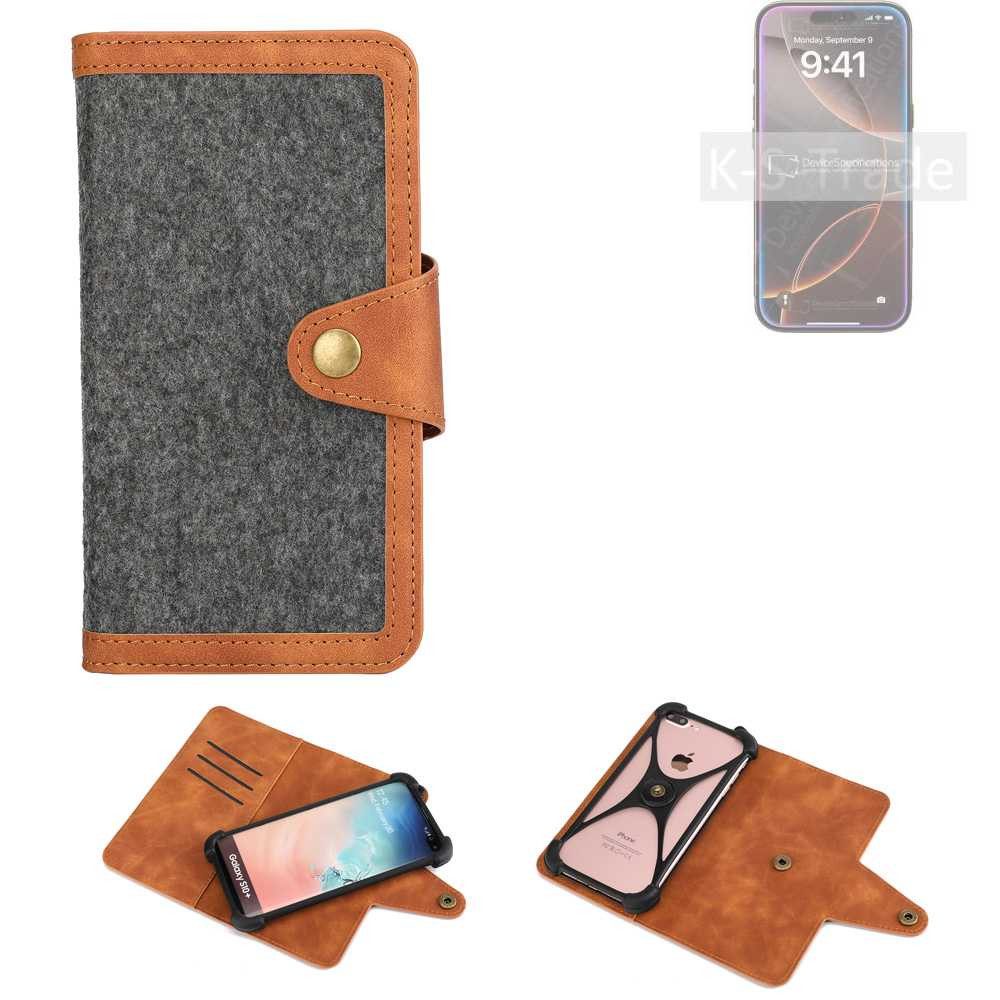 K-S-Trade Handyhülle für Apple iPhone 16 Pro, Schutzhülle Handyhülle Filz Hülle Kunst-Leder dunkelgrau braun