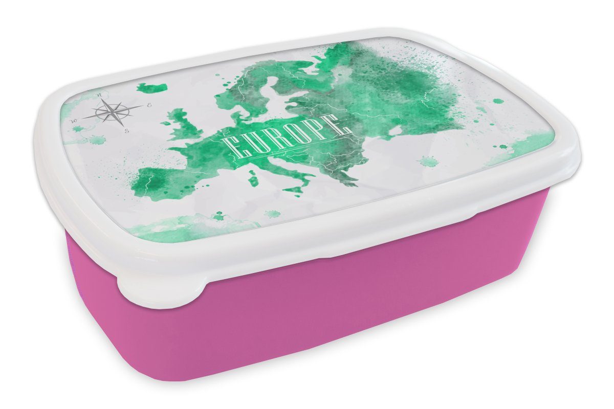 Kunststoff, Kinder, Weltkarte rosa Erwachsene, Mädchen, Brotdose - MuchoWow für (2-tlg), Farbe, Kunststoff - Europa Brotbox Snackbox, Lunchbox