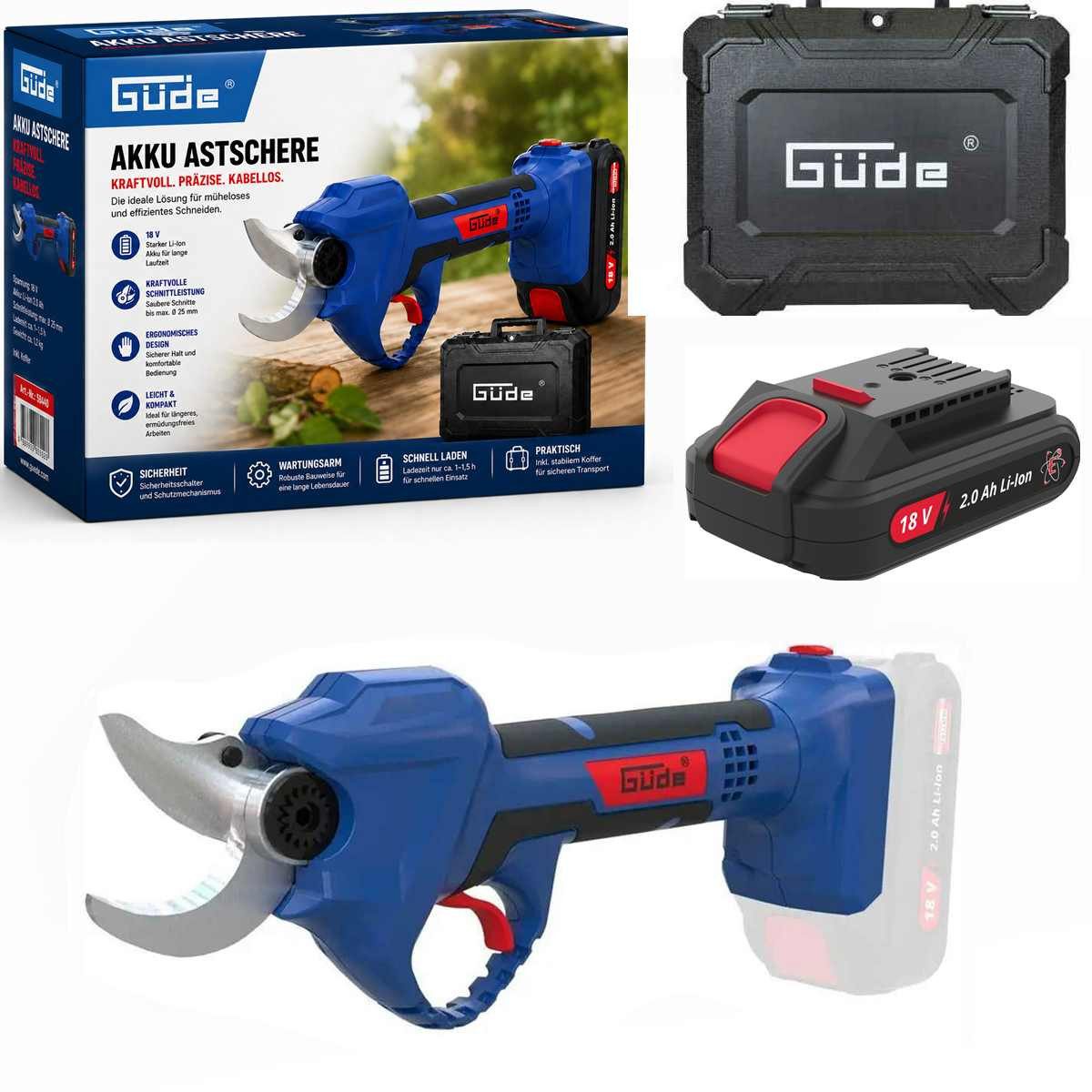 Güde Akku-Astschere GÜDE Akku Astschere ASC 18-201-05 K mit Akku 2.0 Ah, Ladegerät