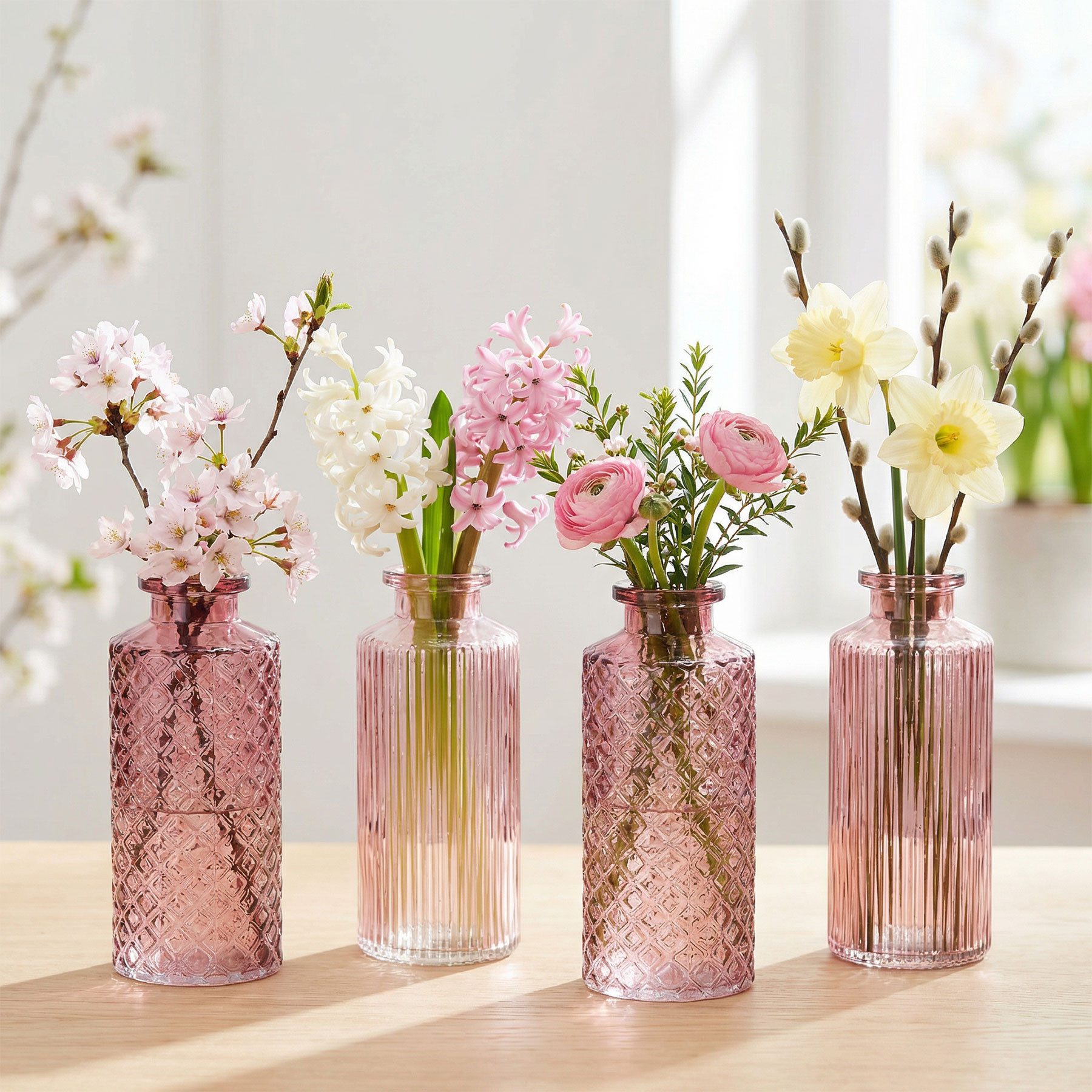 Levandeo® Dekovase, 4er Set Vase Rosa H14cm Glas Blumenvase Tischdeko Frühling