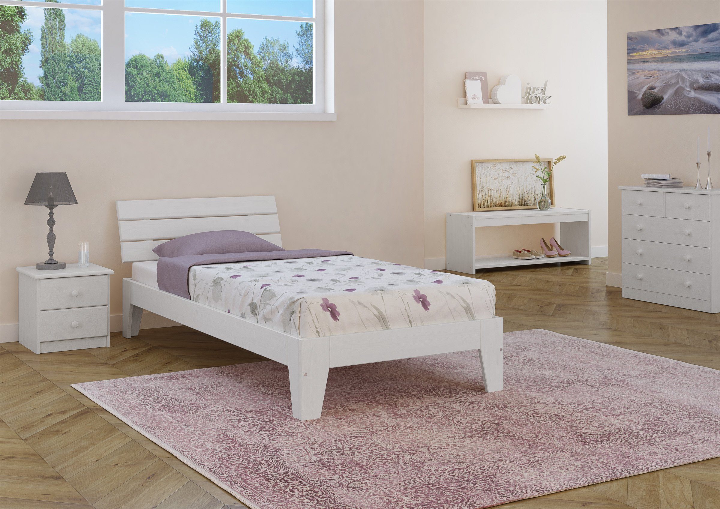 ERST-HOLZ Bett Einzelbett breit überlang weiß Kiefer 120x220 Kieferwaschweiß Sondergröße, Massivholz