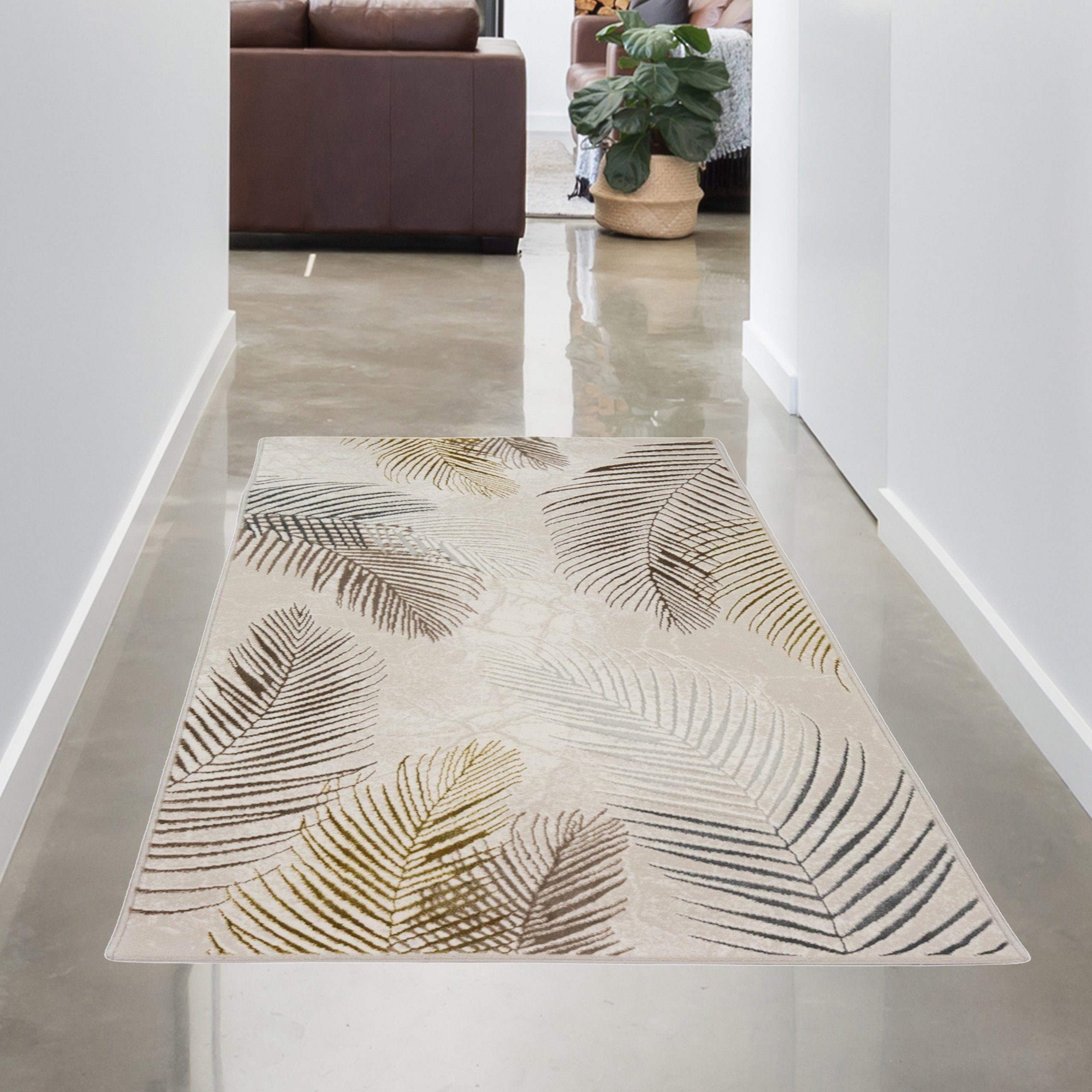Carpetia Teppich Moderner Designerteppich mit Palmenzweigen creme gold, rechteckig, Höhe: 8 mm