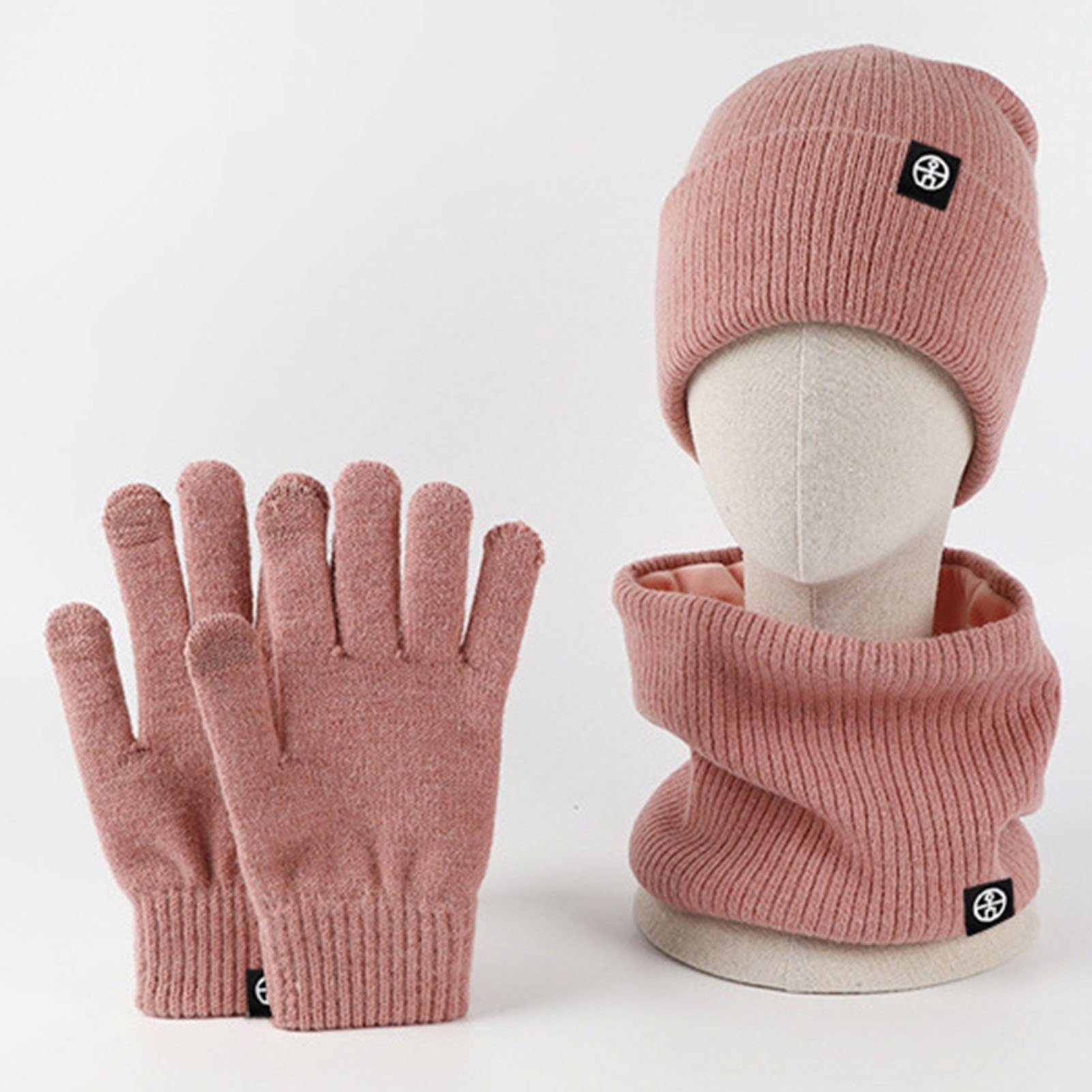 Rutaqian Schlupfmütze Unisex Beanie Strickmütze Hut Winter-Set) Handschuhe Handschuhe Knit Rutschfeste Loop Rosa (3-in-1 Thermo Winterschal Schal Warme