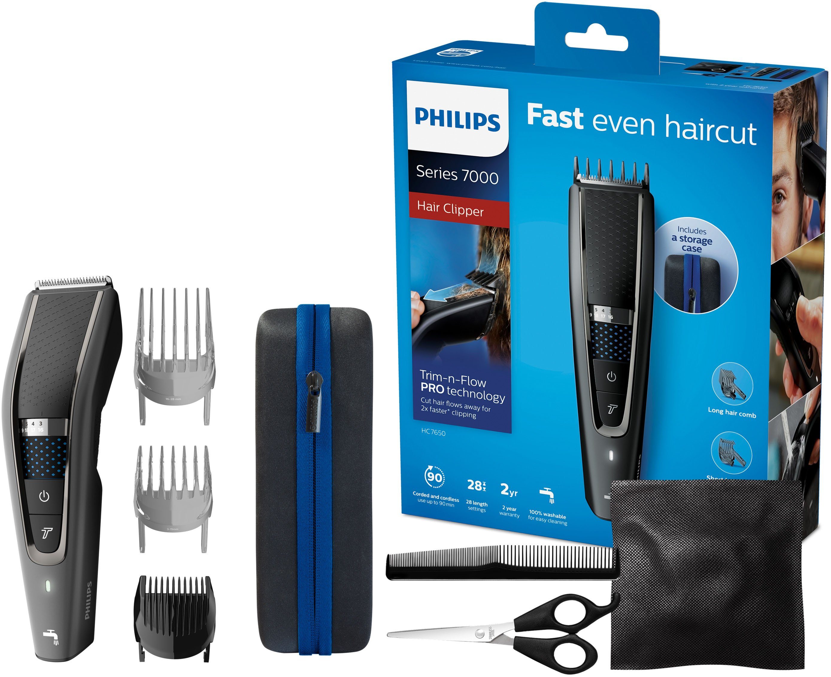 Philips Haarschneider Series 7000 HC7650/15, inklusive Friseur-Set,  Trim-n-Flow Pro, Trim-n-Flow PRO: Kein Verstopfen des Kamms durch  abgeschnittene Haare