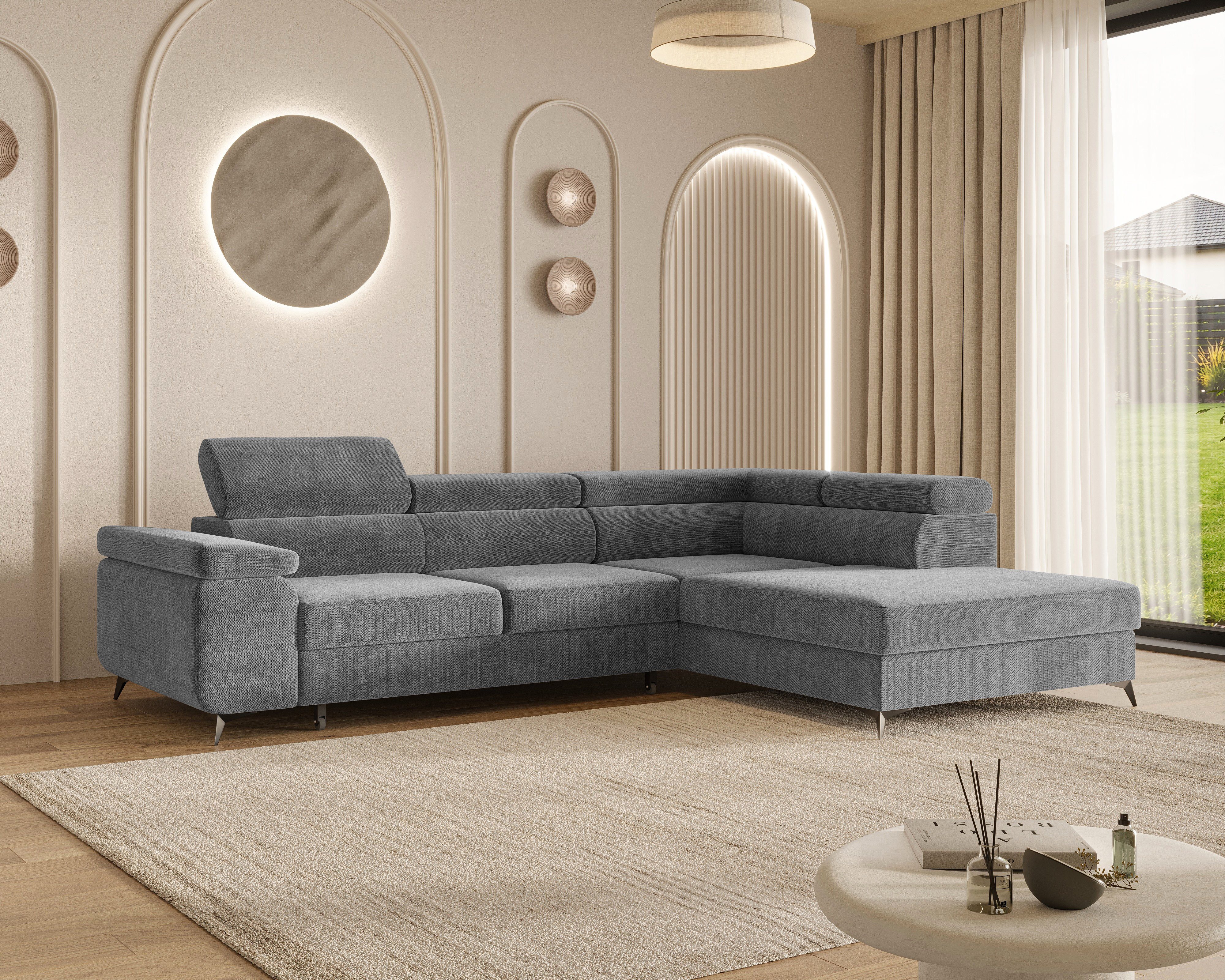 MOEBLO Ecksofa OSTIN, 290 cm – Modernes L-Sofa mit Schlaffunktion, Bettkasten und verstellbaren Kopfstützen, Cord oder Strukturstoff, - (BxHxT): 290 x 75–90 x 202 cm