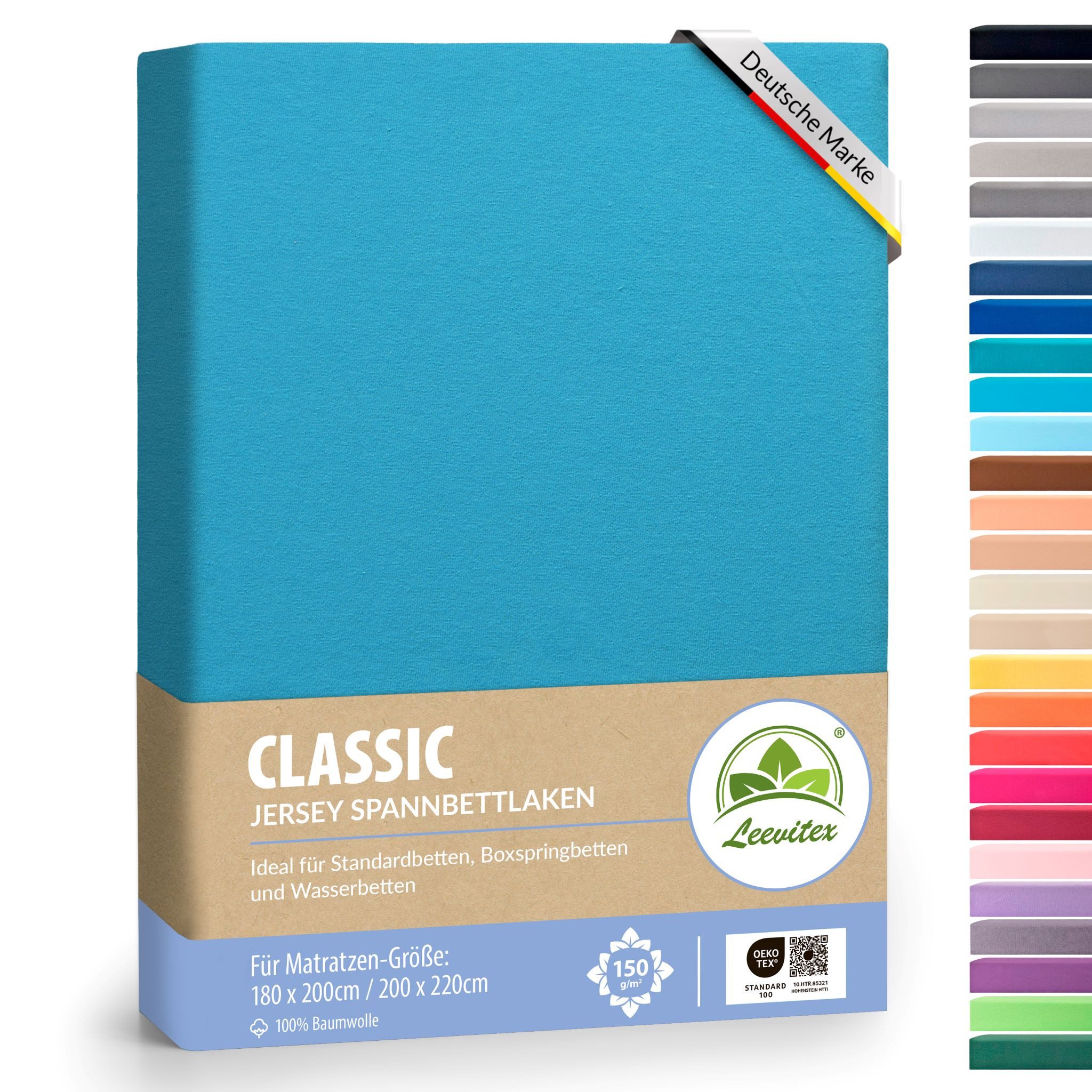 leevitex® Spannbettlaken Spannbettlaken Boxspringbett & Wasserbett Spannbettlaken 150 g/m², Gummizug: rundum, Mako-Baumwolle, ÖkoTex, 180x200 – 200x220 cm + 40 cm Steg