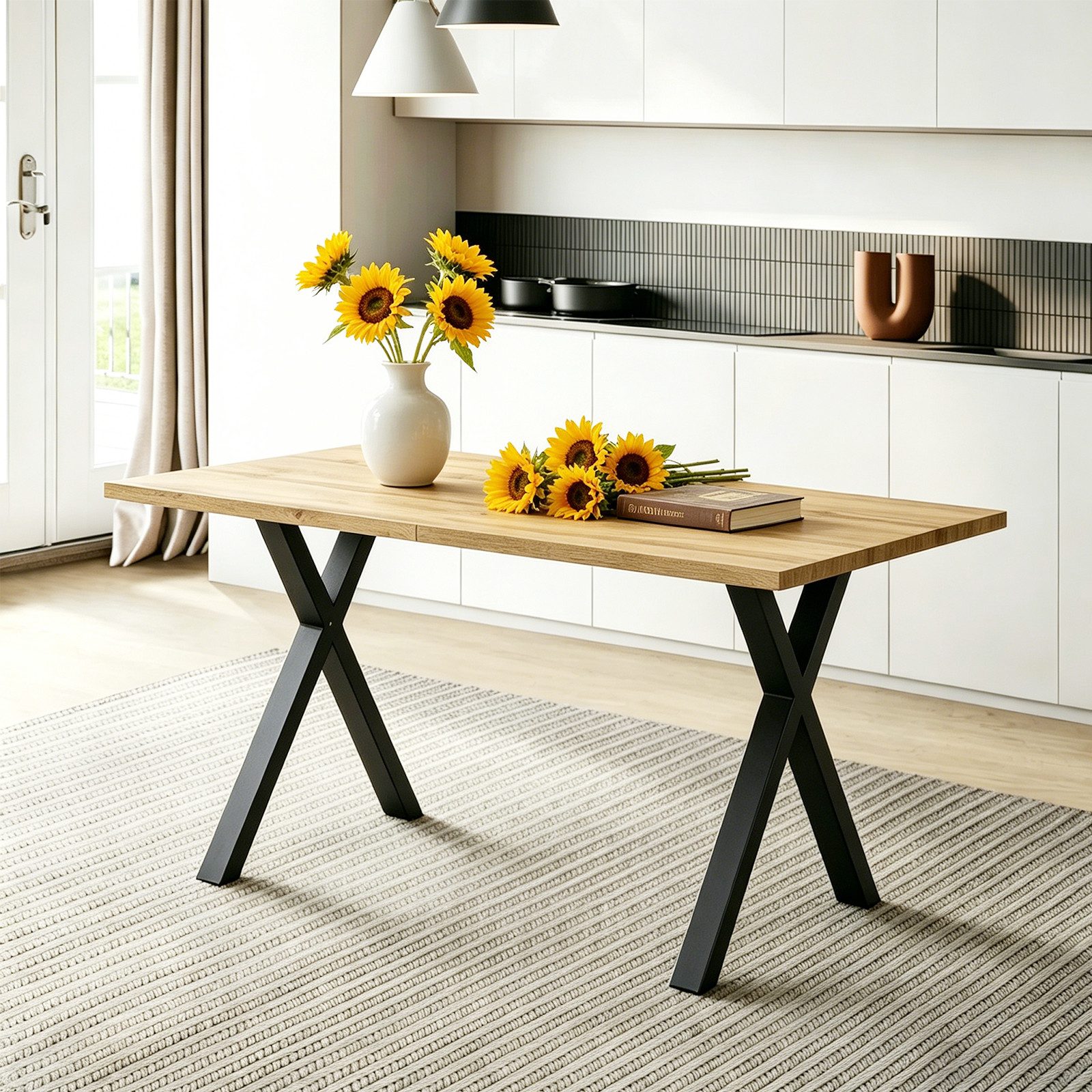 L&K Esstisch Esstisch Design Kreuzbeine 140x80 cm Eiche schwarz (Einzelstück, ohne Stühle), Moderner minimalistischer Stil Kreuzbein-Design