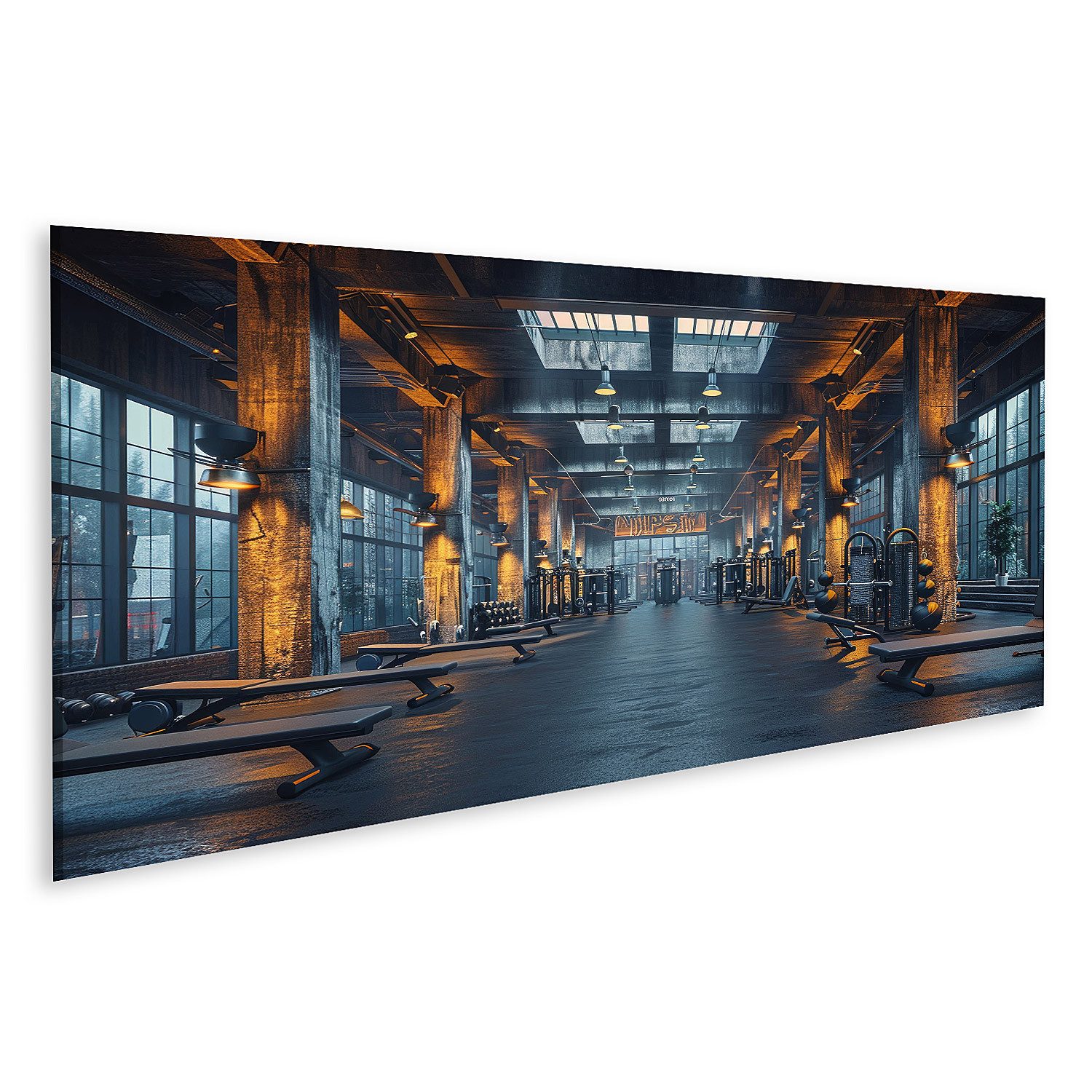 islandburner Leinwandbild, Moderne Fitnesshalle im Industriestil mit Beleuchtung