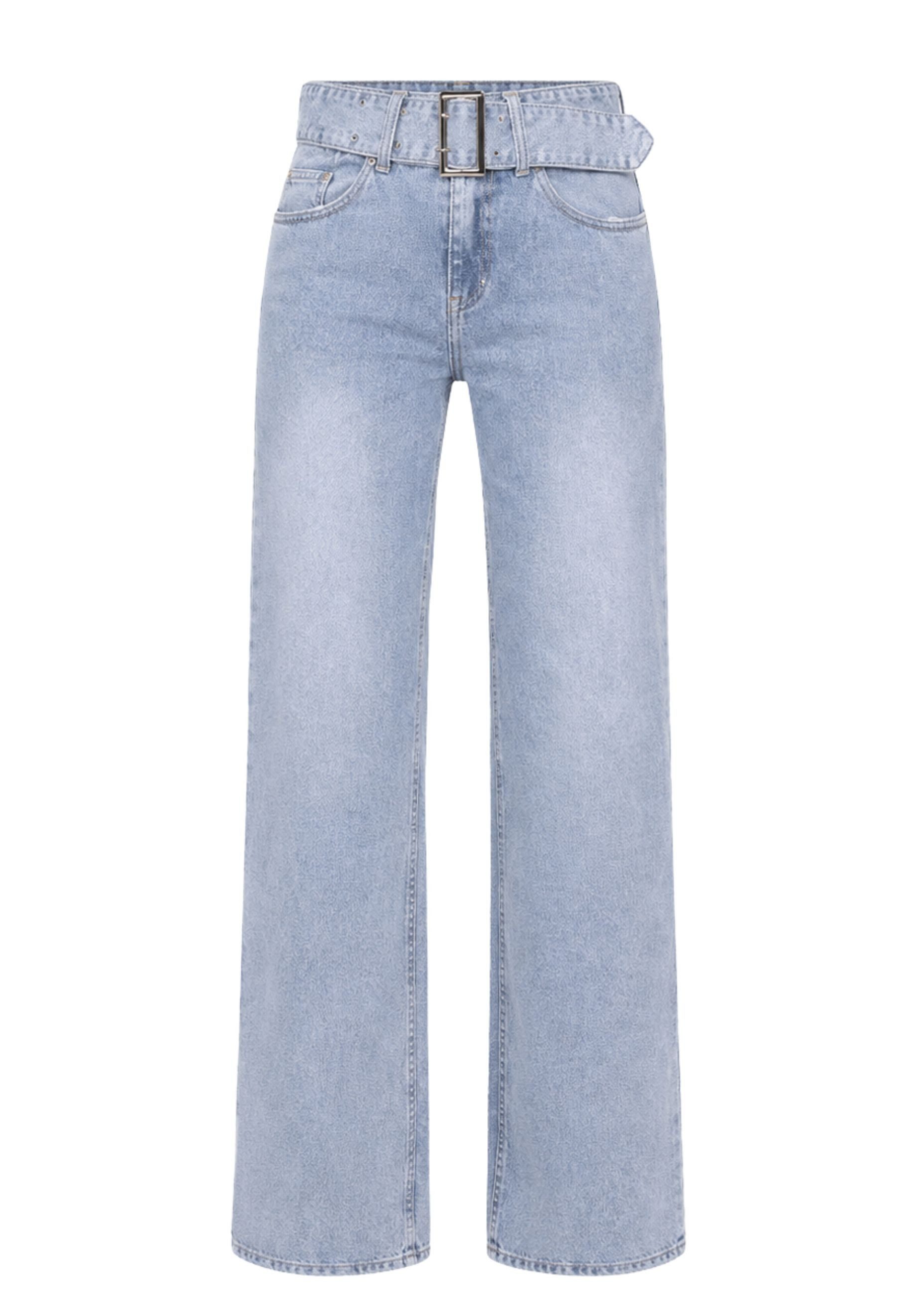 GIRL VIVI Regular-fit-Jeans Damen High-Waist Wide-Leg Jeans mit Gürtel und feinem Strukturmuster (1-tlg) High Waist