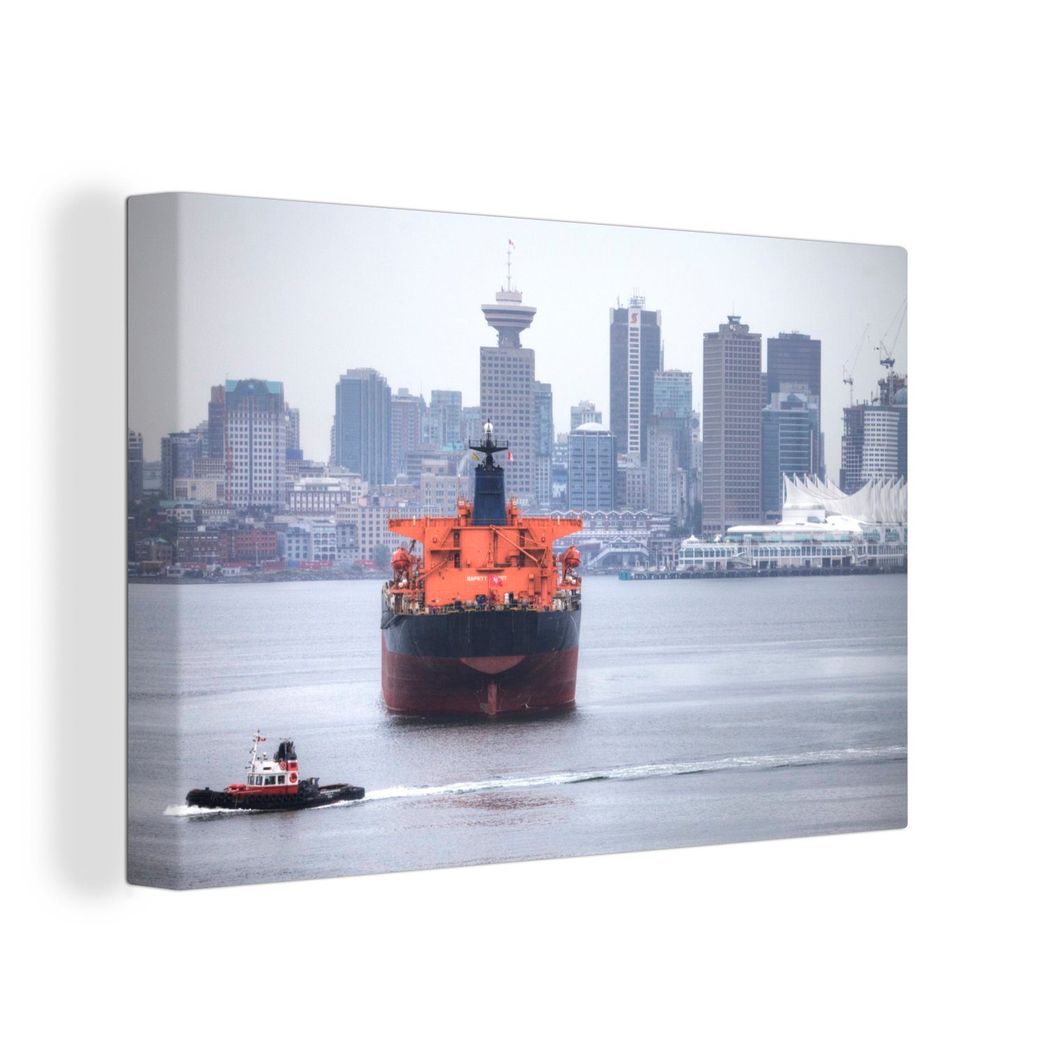 OneMillionCanvasses® Leinwandbild Schlepper fährt an einem Frachtschiff vorbei, (1 St), Wandbild Leinwandbilder, Aufhängefertig, Wanddeko, 30x20 cm
