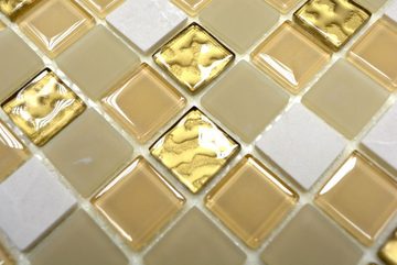 Mosani Mosaikfliesen selbst­kle­bende Naturstein Glasmosaik Fliesen 30x30 cm weiss gold, Spritzwasserbereich geeignet, Küchenrückwand Spritzschutz