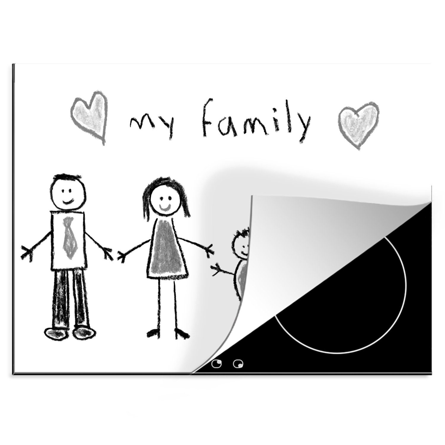 MuchoWow Herdblende-/Abdeckplatte Illustration einer gezeichneten Familie mit Text - schwarz und weiß, Vinyl, (1 tlg), 70x52 cm, Mobile Arbeitsfläche nutzbar, Ceranfeldabdeckung