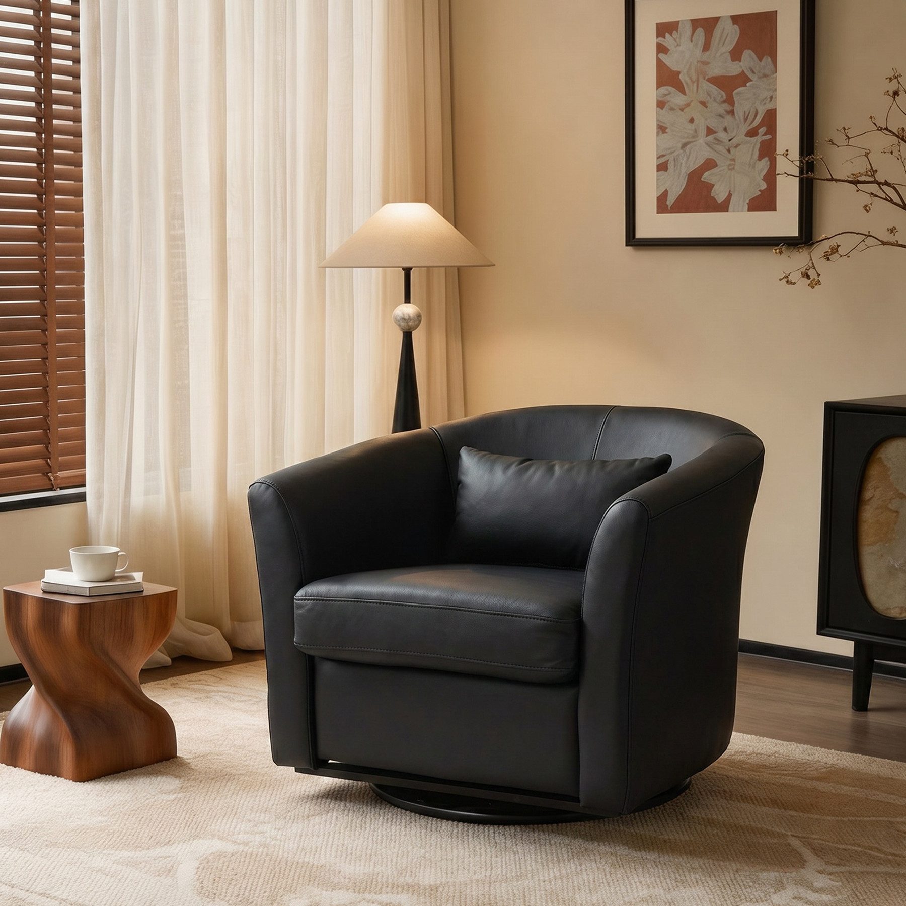 HomeMiYN Drehsessel 360° drehbar, moderner Loungesessel, Kunstleder-Bezug, Bequemer Relaxsessel mit breiter Sitzfläche und weichem Kissen
