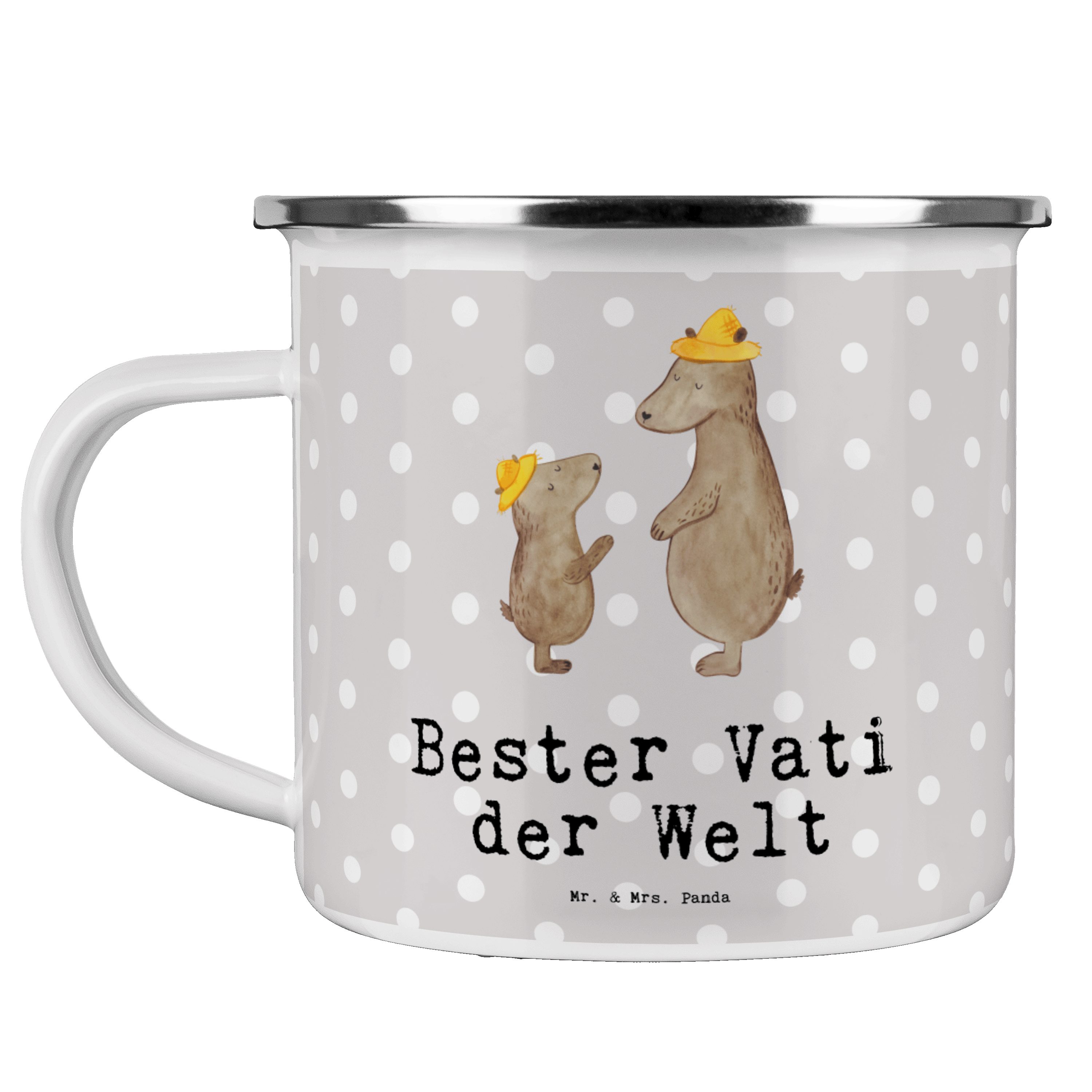 Mr. & Mrs. Panda Becher Bär Bester Vati der Welt - Grau Pastell - Geschenk, Metalltasse, Gebu, Emaille