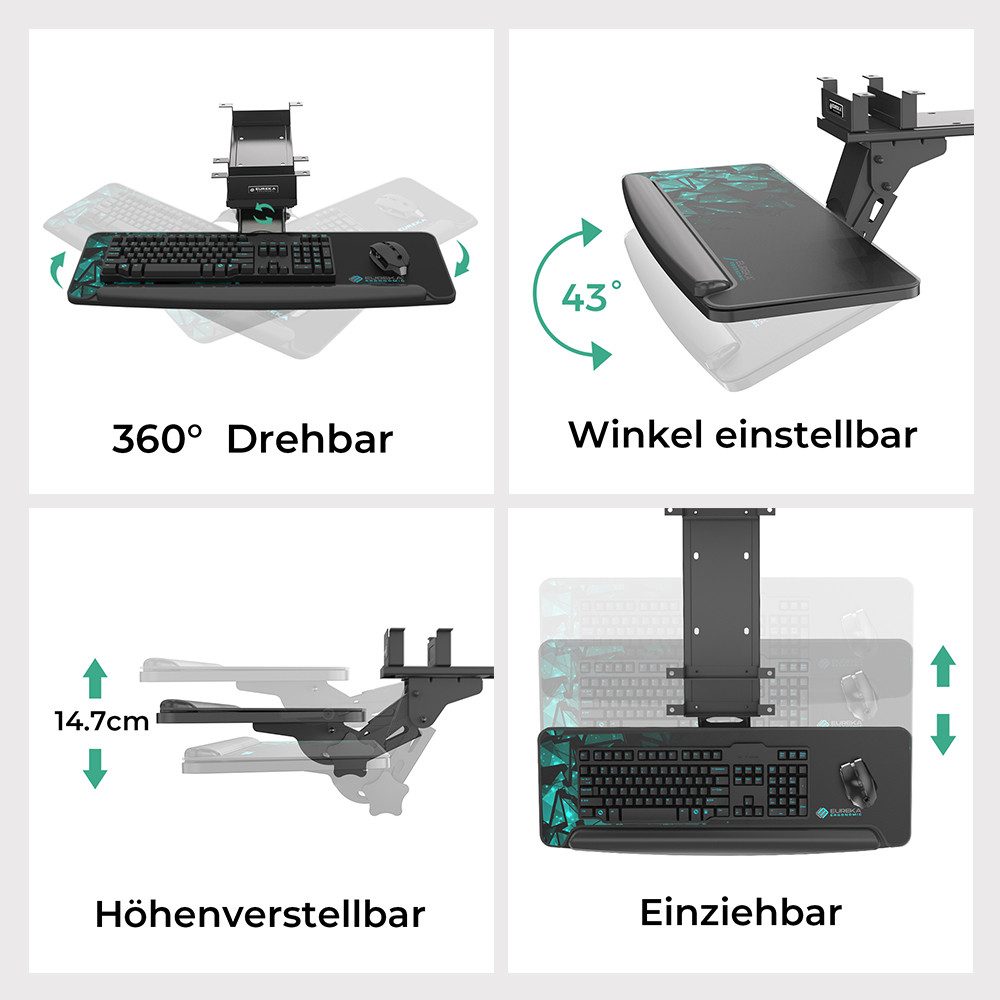 EE EUREKA ERGONOMIC Tastaturhalterung Verstellbar Schwenkbar Tastaturschublade für Gaming Büro Schreibtisch, (1-tlg., mit ergonomische Handballenauflage und ein – Bild 3 von 5