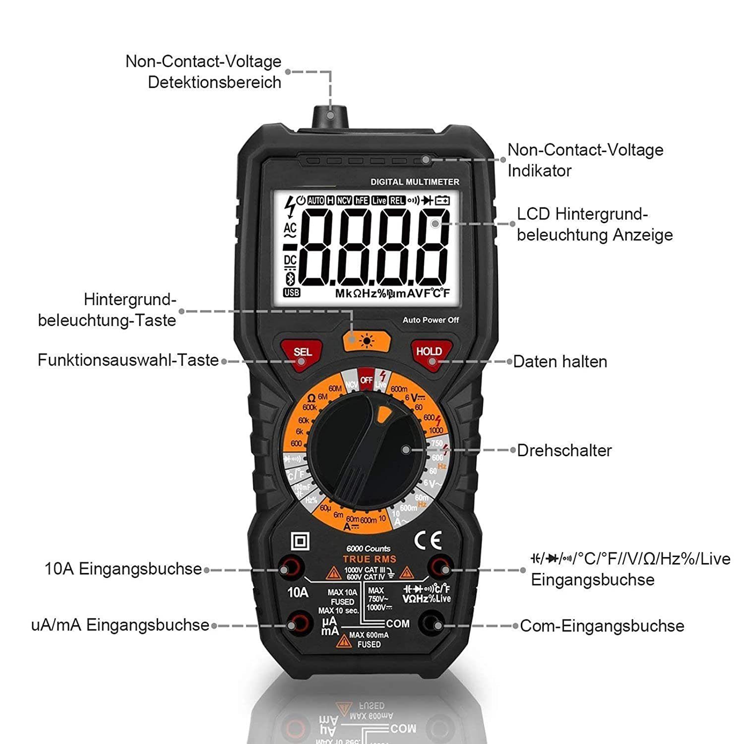 TACKLIFE Multimeter Digital Multimeter Strommessgerät mit 6000 Counts, (Batterie nicht beigfügt)