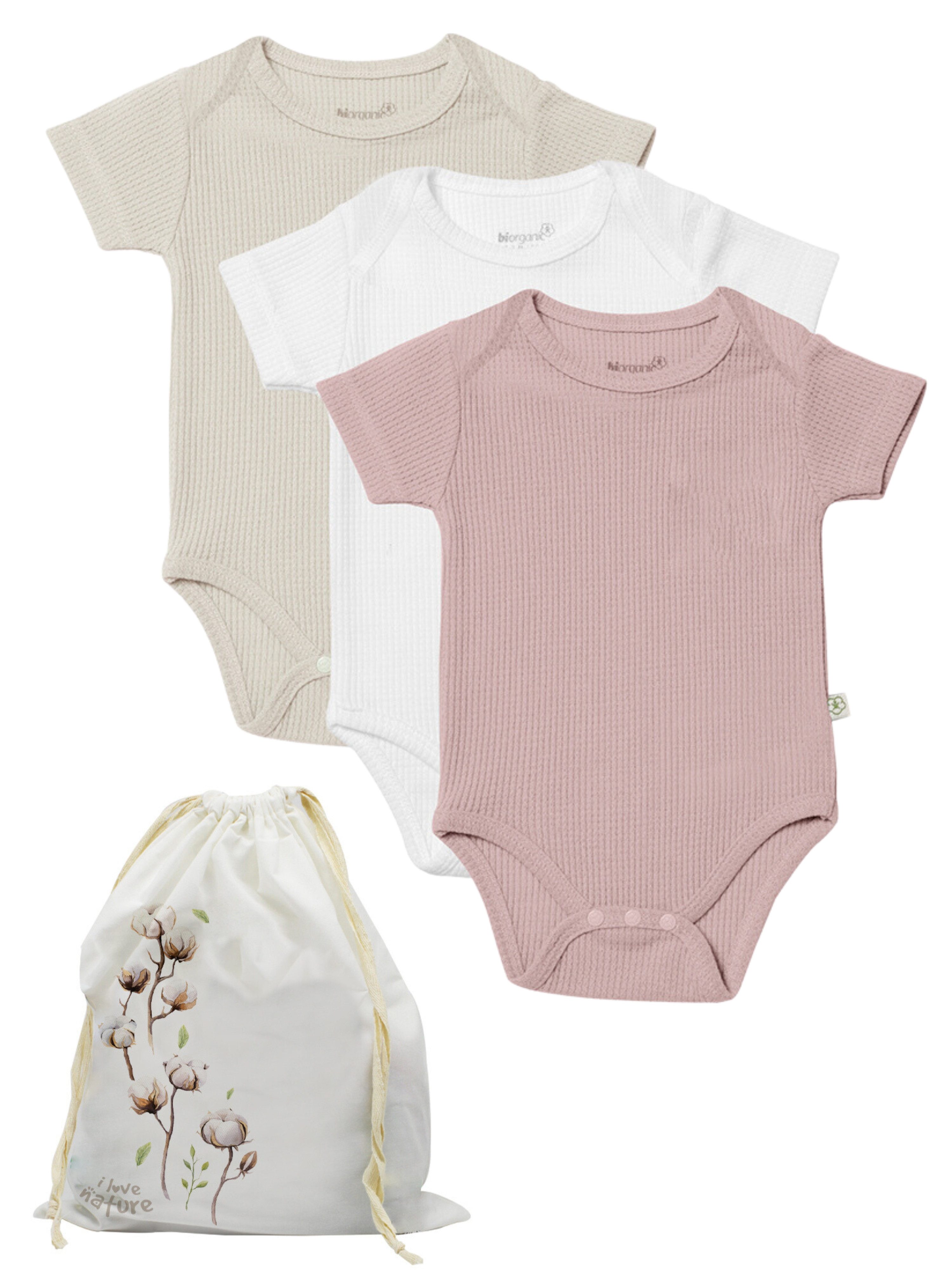 biorganic Kurzarmbody Waffle (3er Pack) Mehrfarbig Unisex, Baby Body für Jungen und Mädchen (Set, 4-tlg., 3er-Pack Bodys & 1 Beutel) Waffelmuster, Bio-Baumwolle, Größe 56 - 86
